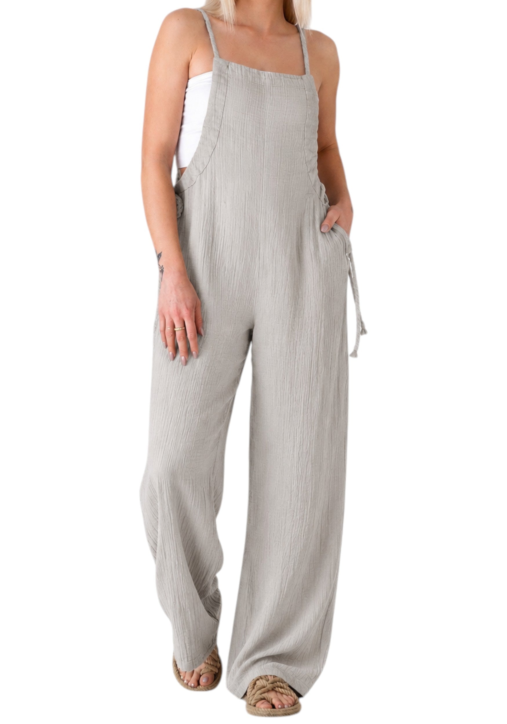 Overall Damen Jumpsuit Musselin mit Flechtträgern – locker & größenverstellbar