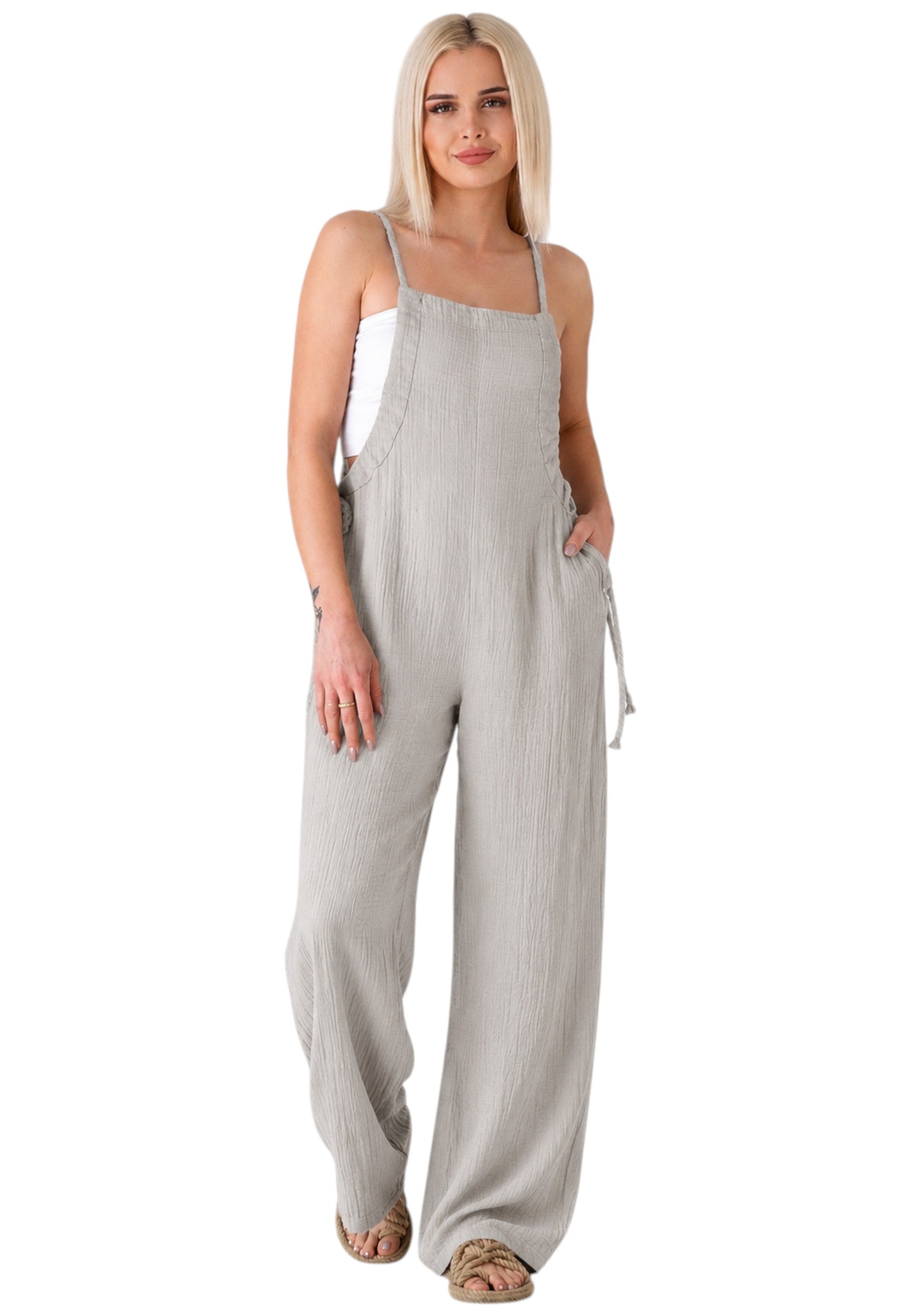Overall Damen Jumpsuit Musselin mit Flechtträgern – locker & größenverstellbar
