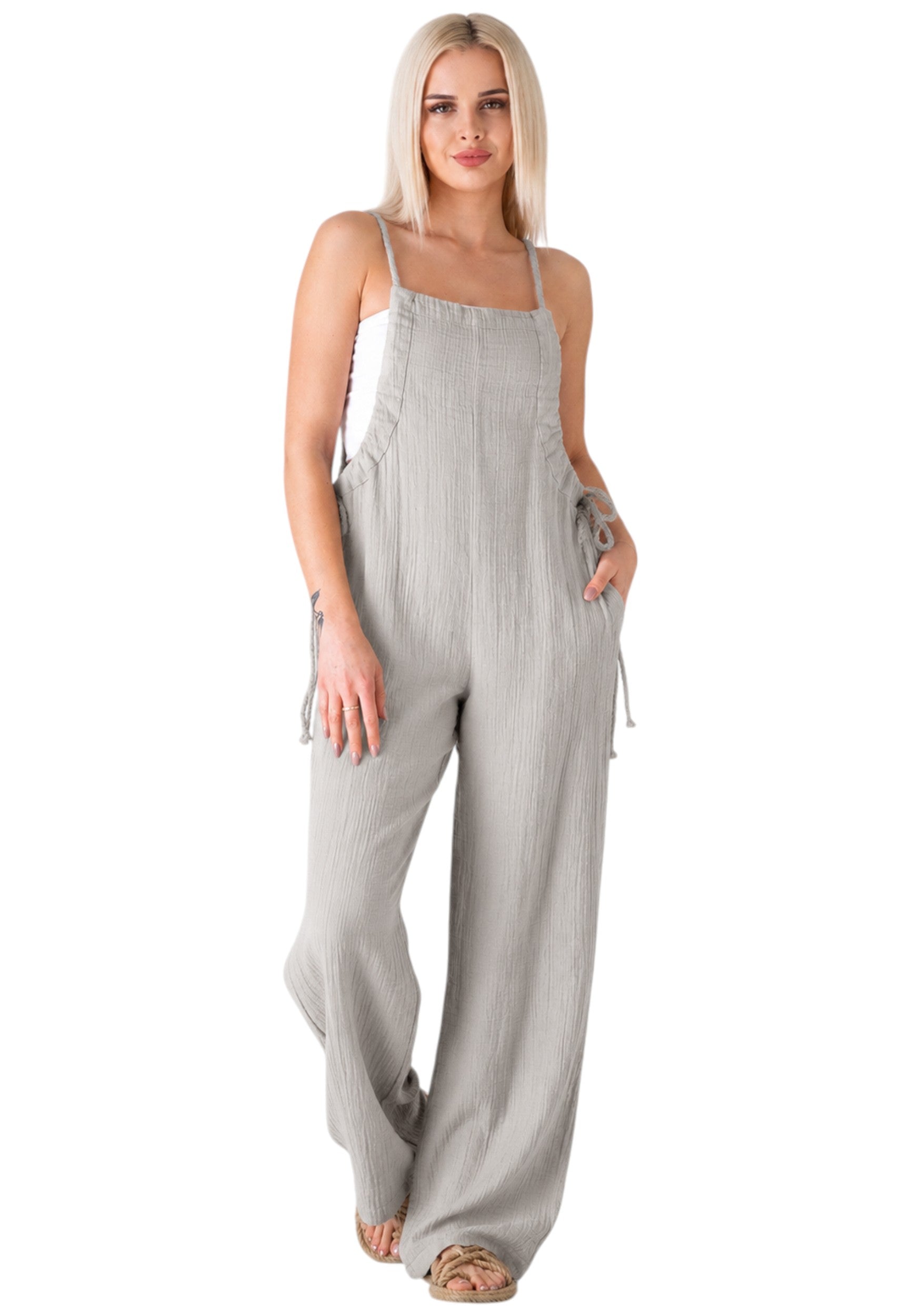 Overall Damen Jumpsuit Musselin mit Flechtträgern – locker & größenverstellbar