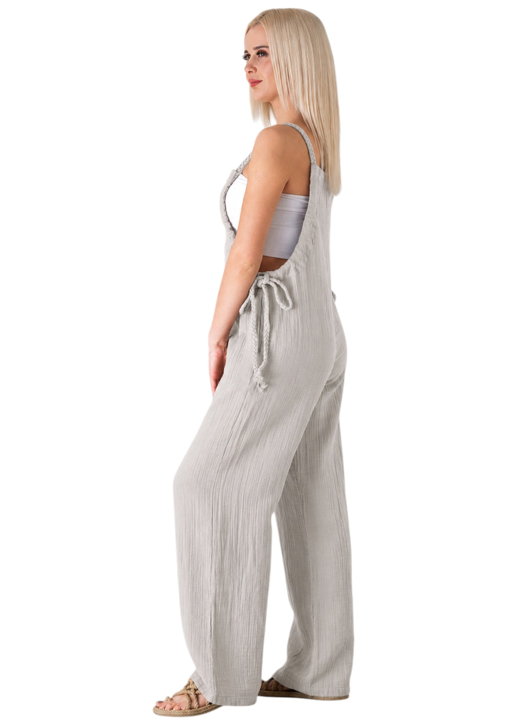 Overall Damen Jumpsuit Musselin mit Flechtträgern – locker & größenverstellbar