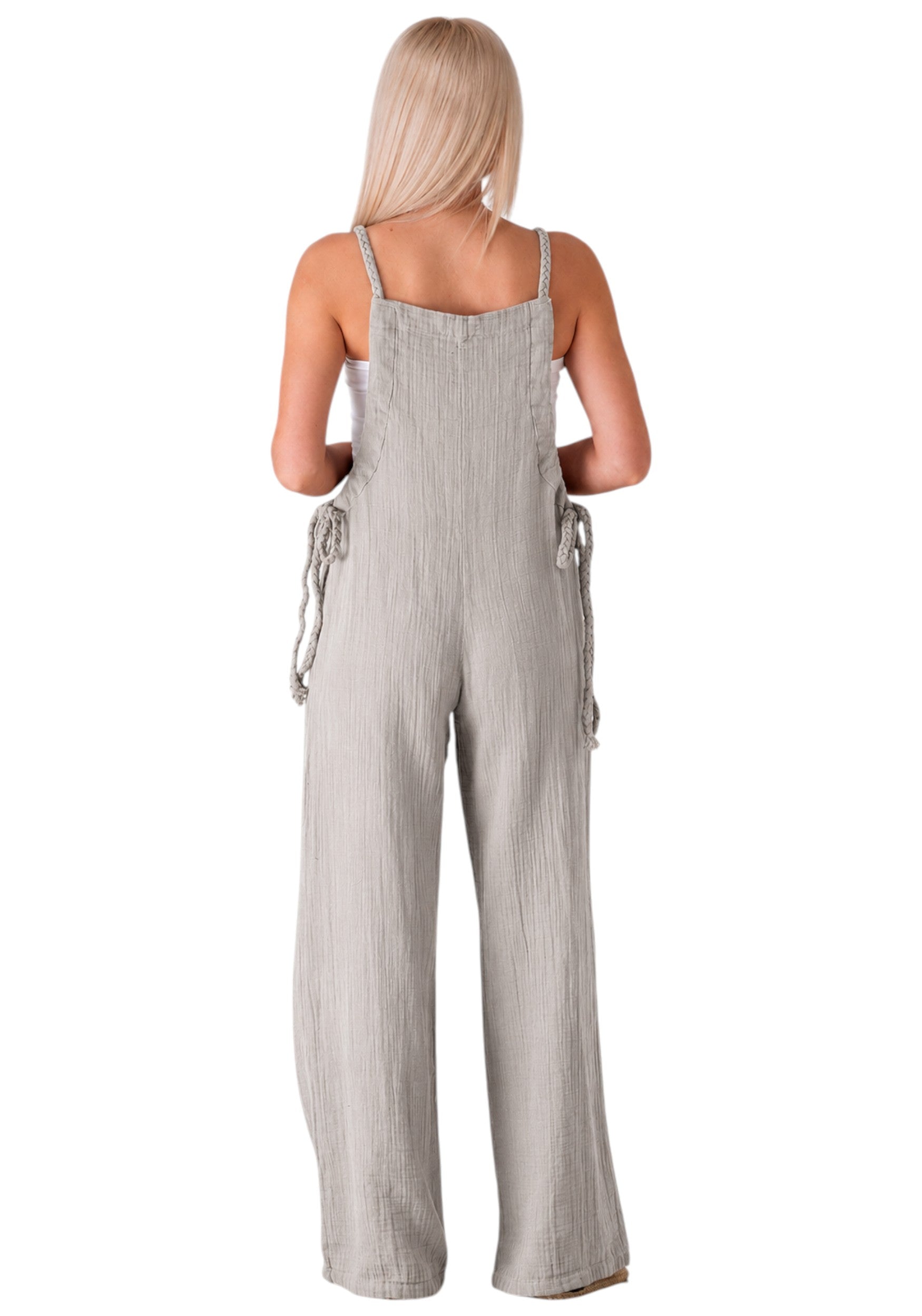 Overall Damen Jumpsuit Musselin mit Flechtträgern – locker & größenverstellbar