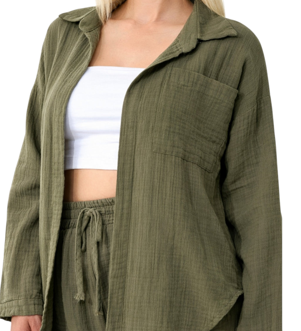Hemdbluse Damen aus Musselin - Oversize Bluse Langarm mit Kragen