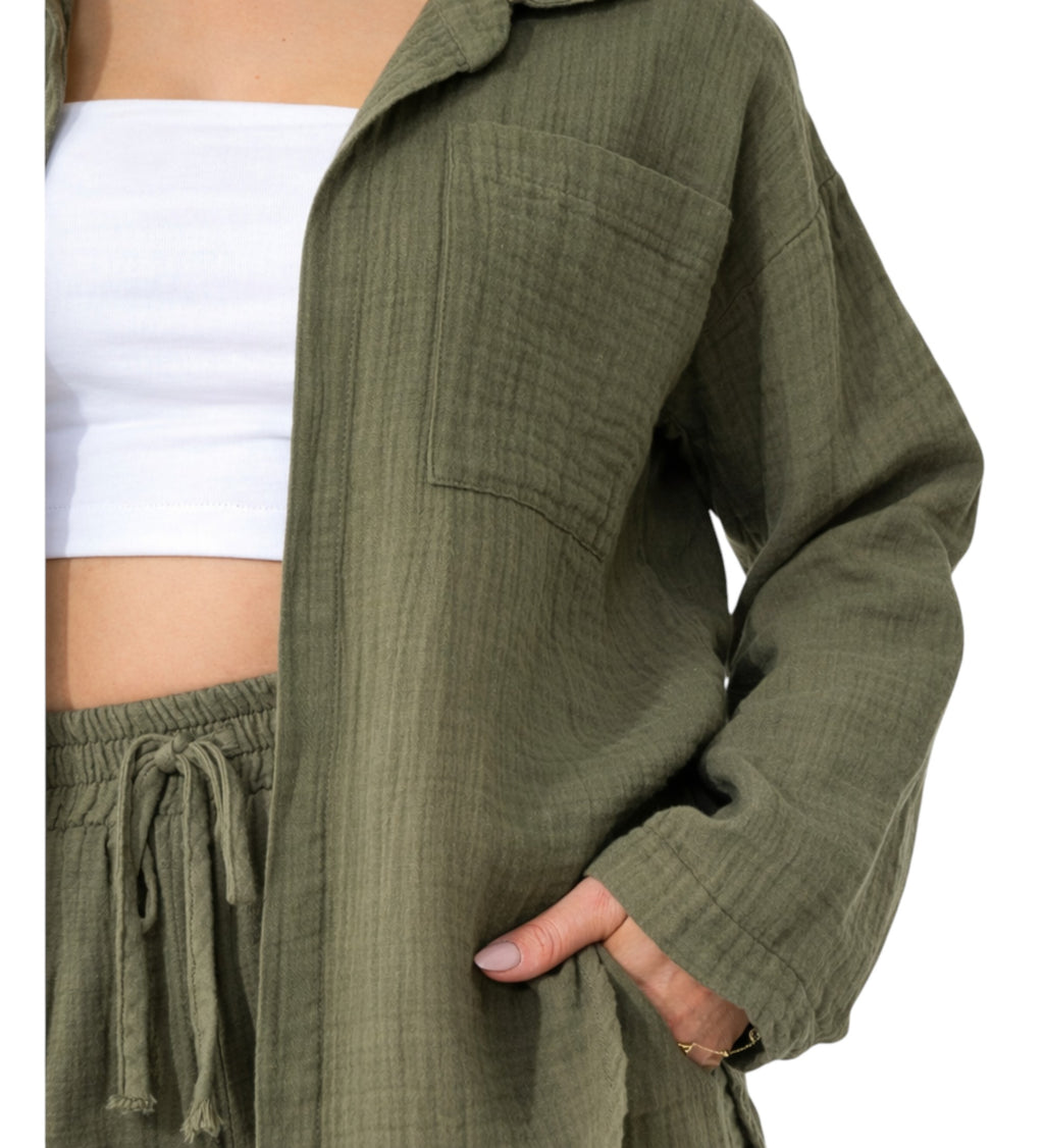 Hemdbluse Damen aus Musselin - Oversize Bluse Langarm mit Kragen