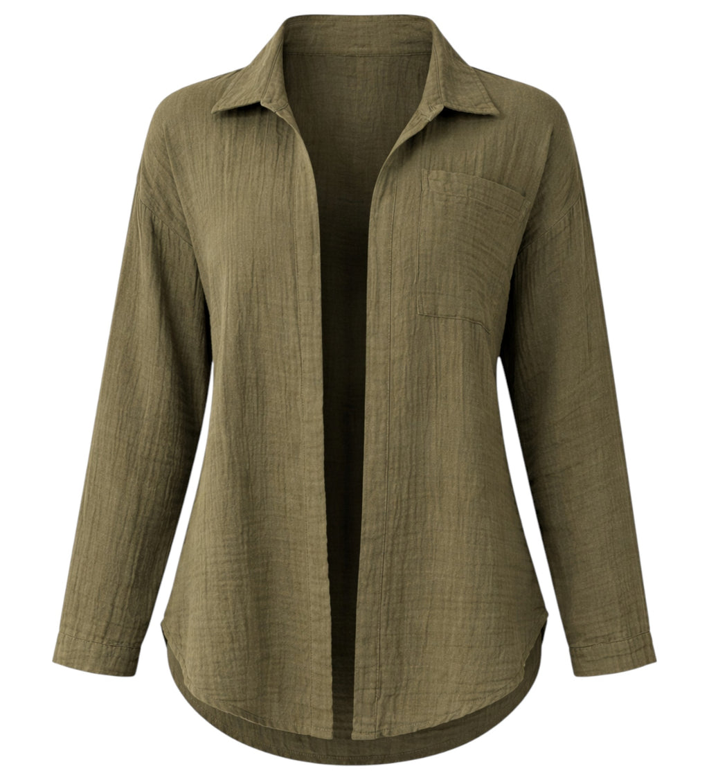 Hemdbluse Damen aus Musselin - Oversize Bluse Langarm mit Kragen