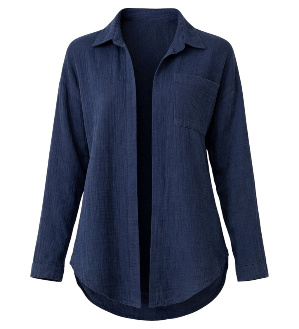 Hemdbluse Damen aus Musselin - Oversize Bluse Langarm mit Kragen