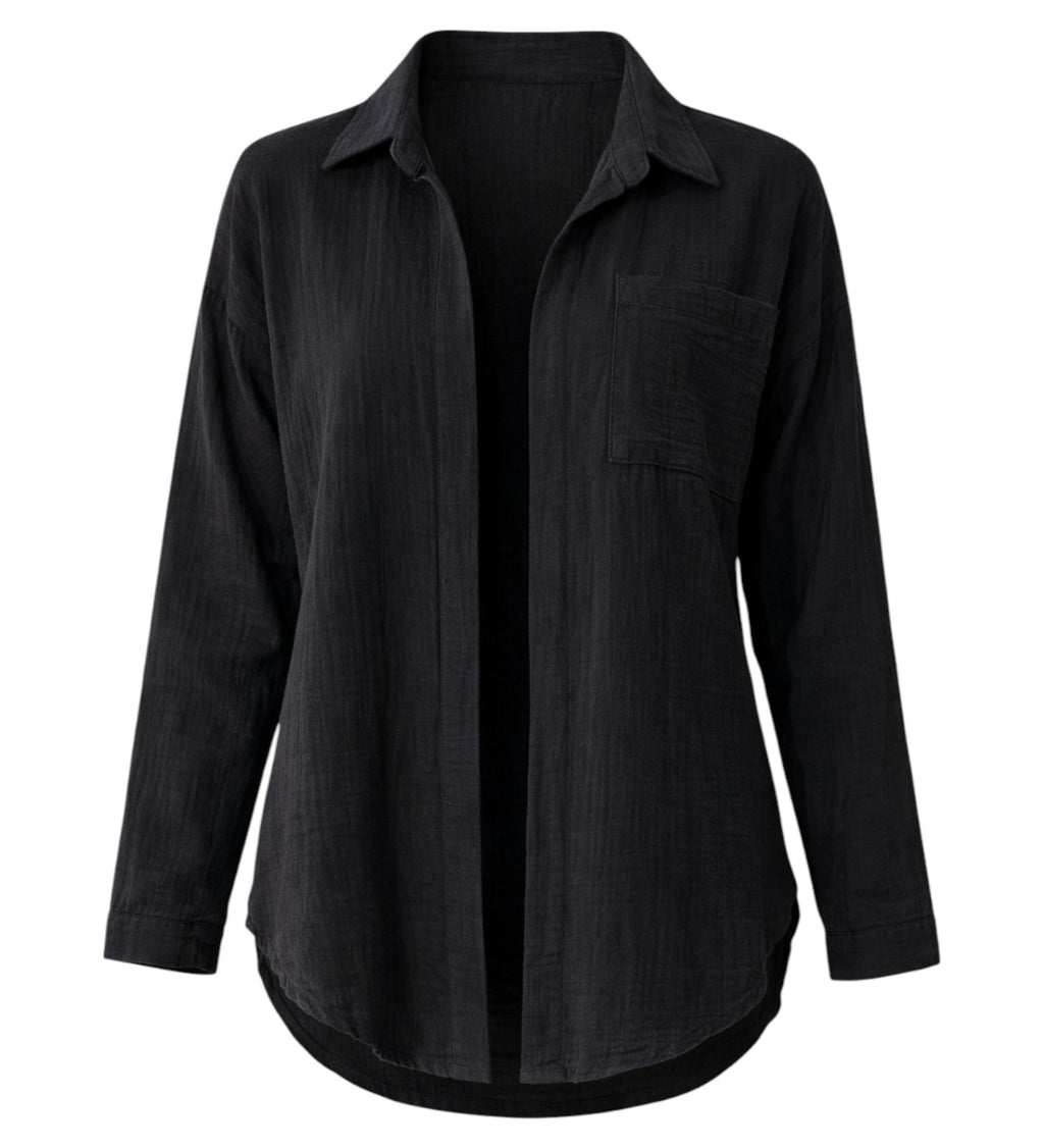 Hemdbluse Damen aus Musselin - Oversize Bluse Langarm mit Kragen