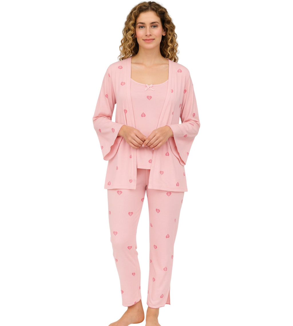 Pyjama Damen 3-teiliges Set - Hausanzug mit Top, Hose & Morgenmantel