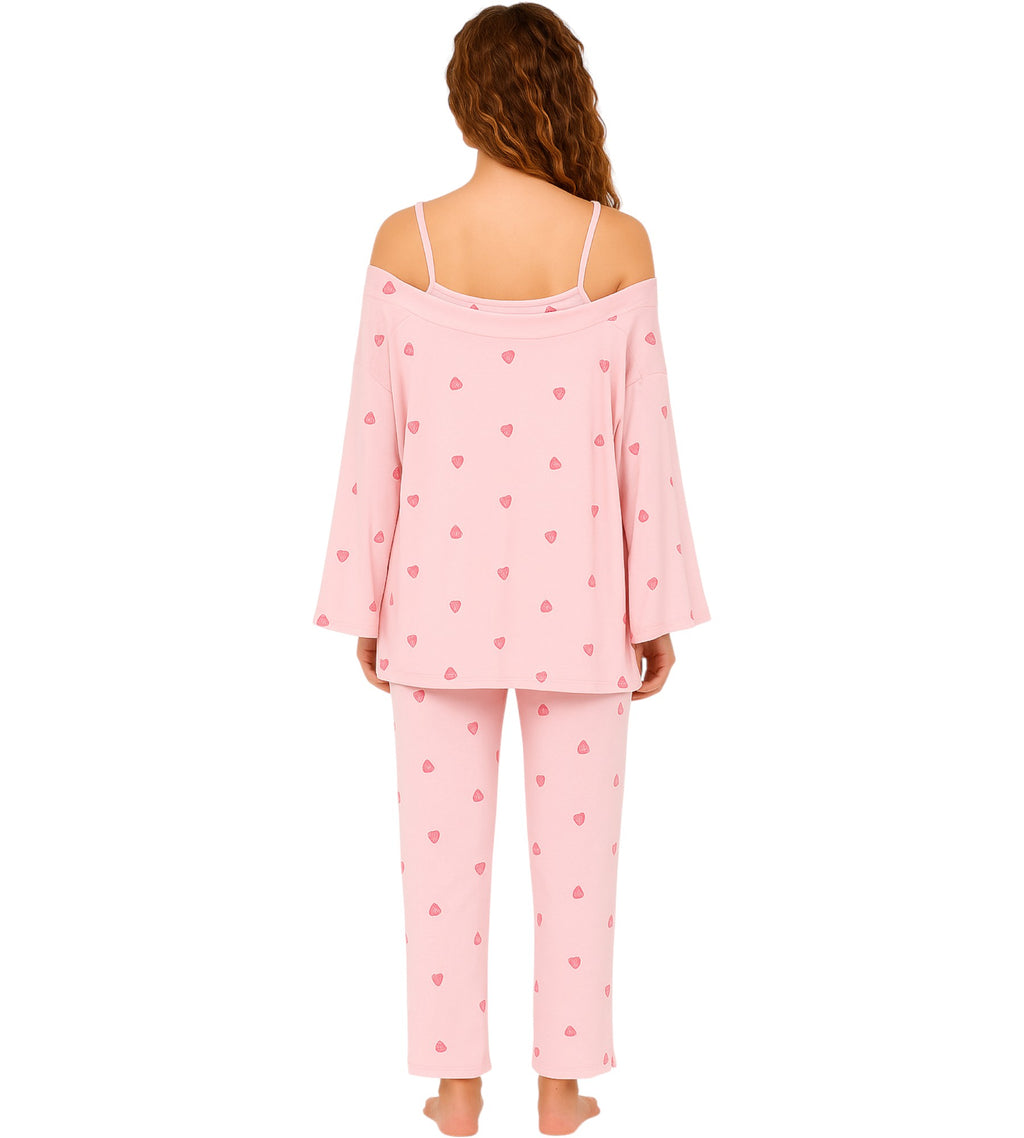 Pyjama Damen 3-teiliges Set - Hausanzug mit Top, Hose & Morgenmantel