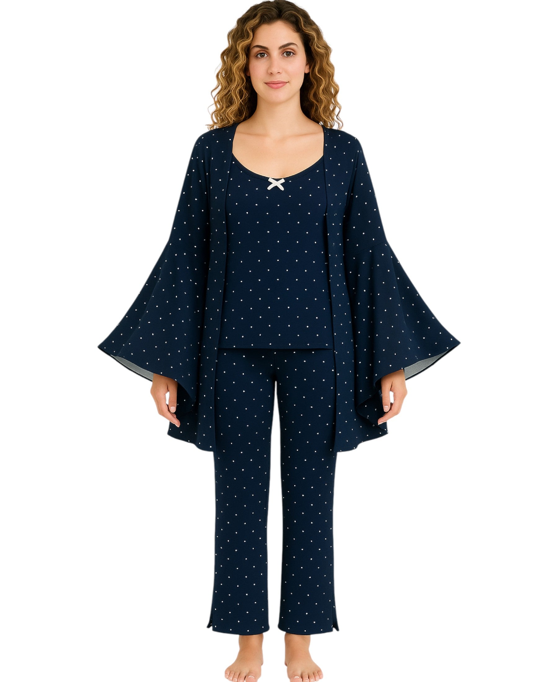 Pyjama Damen 3-teiliges Set - Hausanzug mit Top, Hose & Morgenmantel