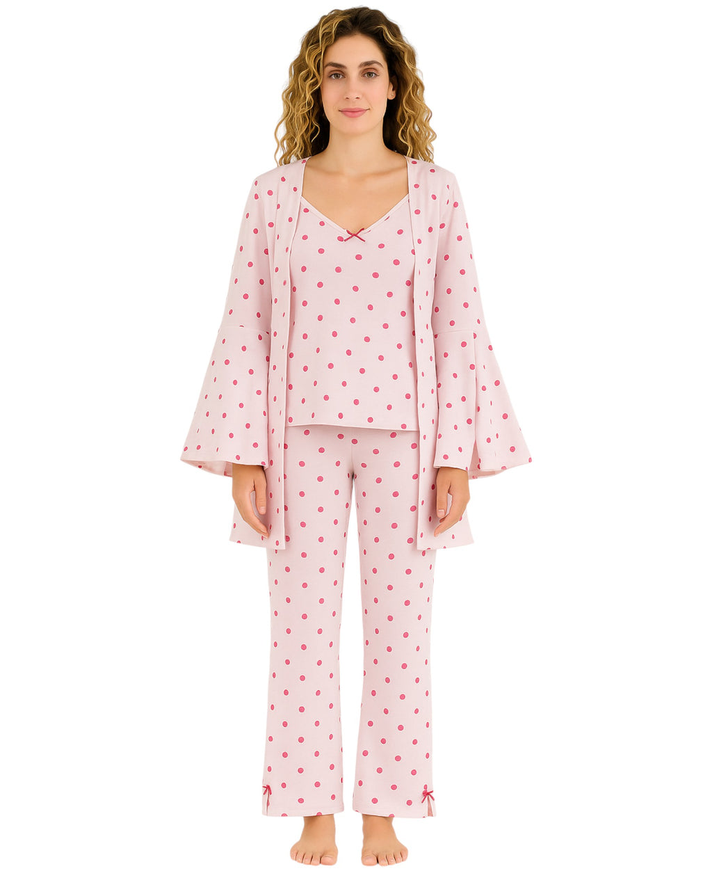 Pyjama Damen 3-teiliges Set - Hausanzug mit Top, Hose & Morgenmantel