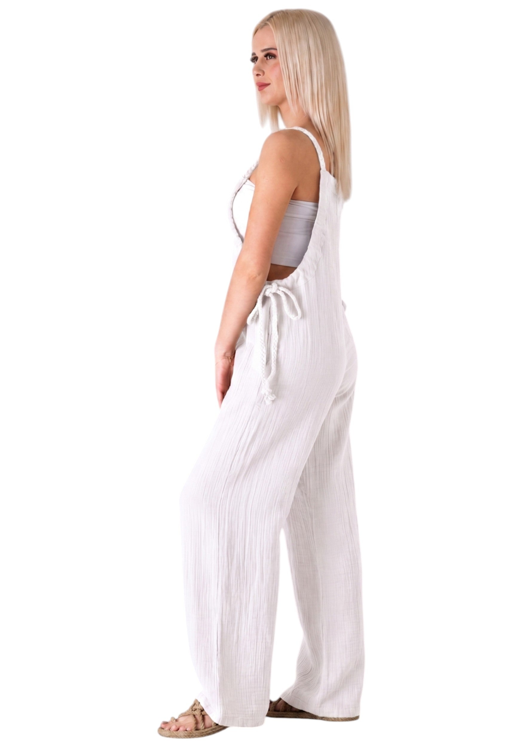 Overall Damen Jumpsuit Musselin mit Flechtträgern – locker & größenverstellbar