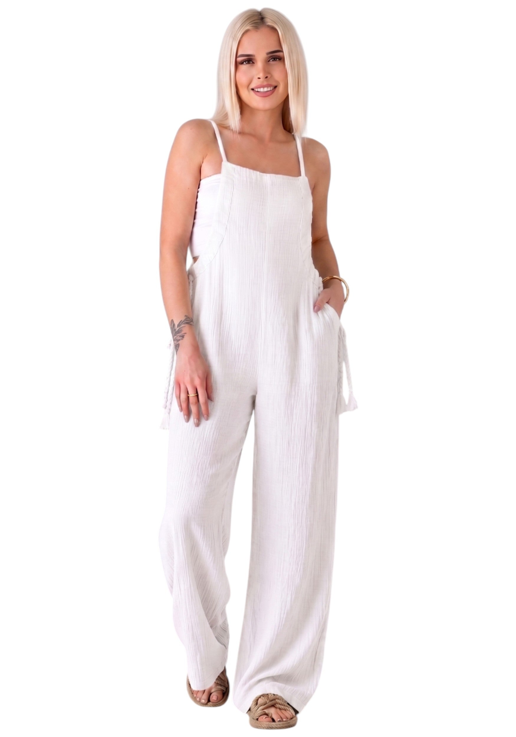 Overall Damen Jumpsuit Musselin mit Flechtträgern – locker & größenverstellbar