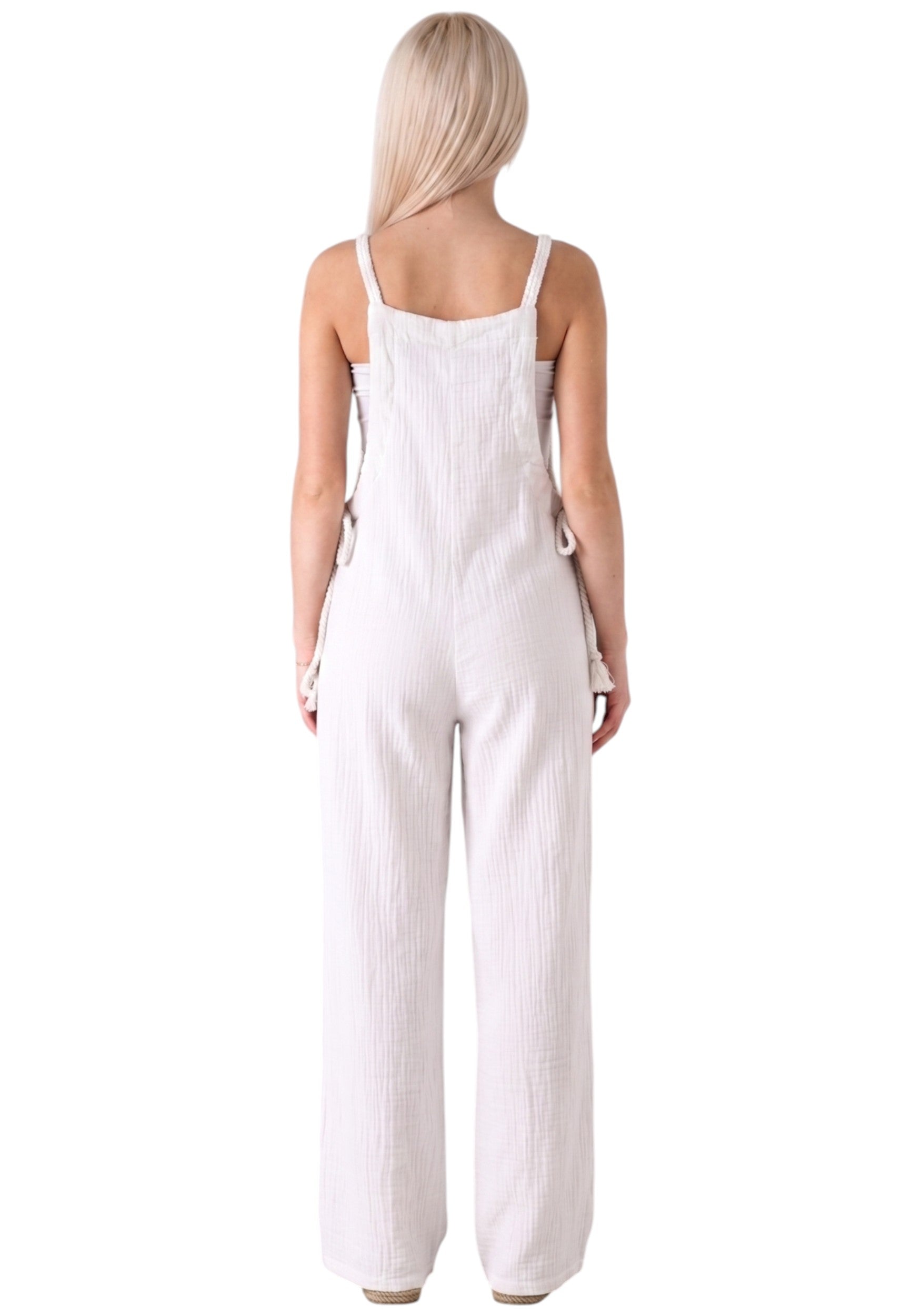 Overall Damen Jumpsuit Musselin mit Flechtträgern – locker & größenverstellbar