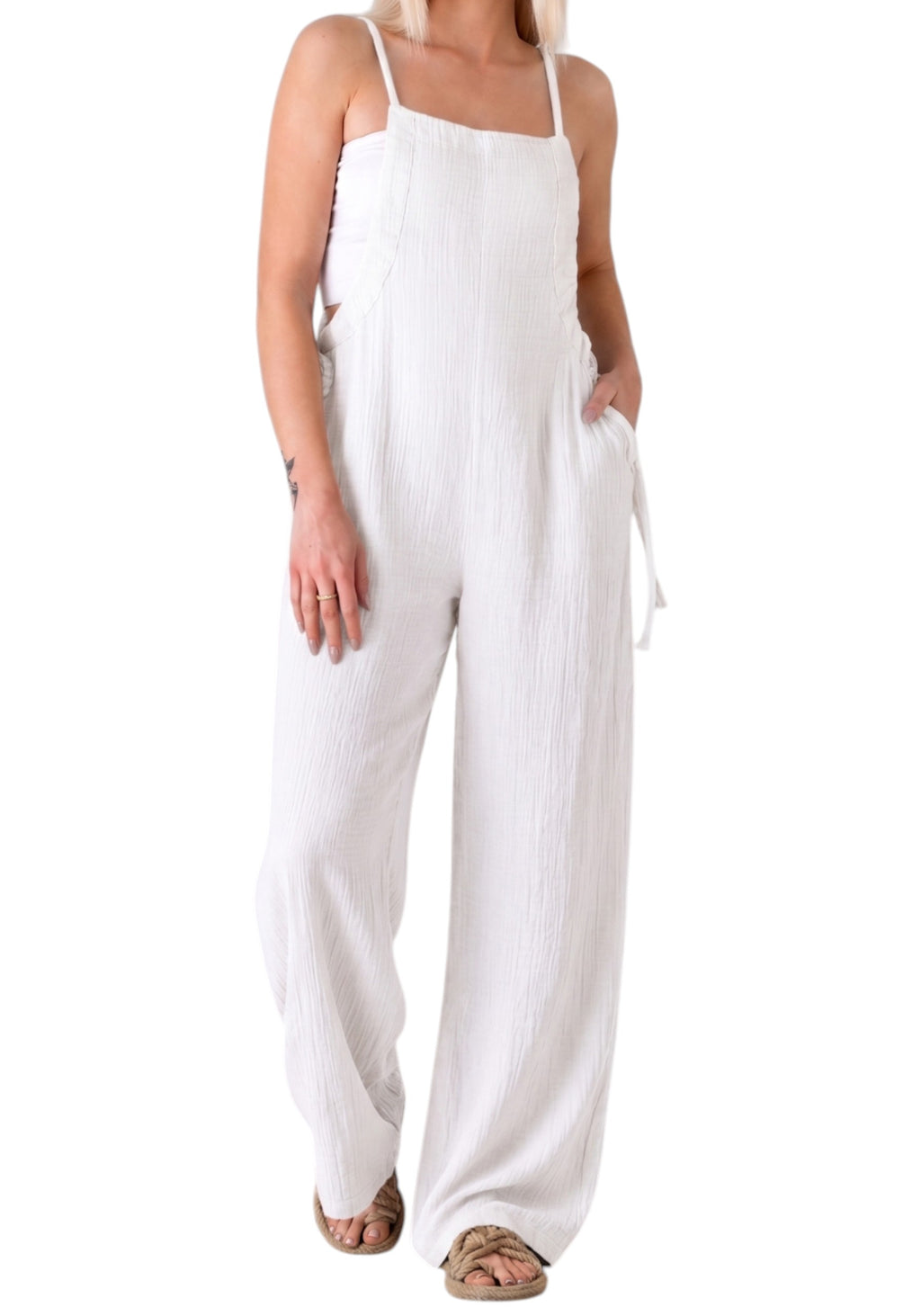 Overall Damen Jumpsuit Musselin mit Flechtträgern – locker & größenverstellbar