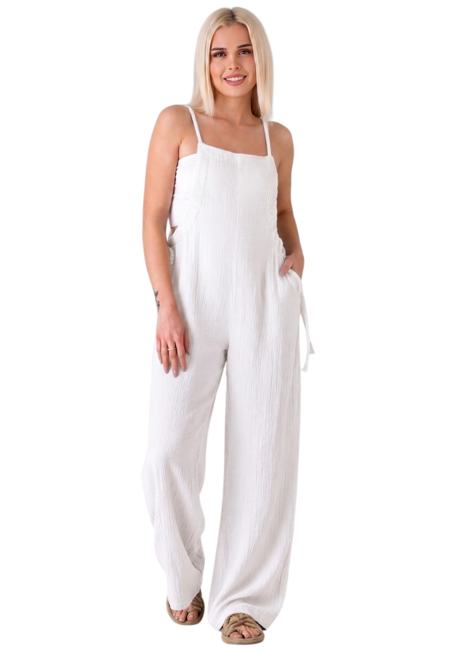 Overall Damen Jumpsuit Musselin mit Flechtträgern – locker & größenverstellbar