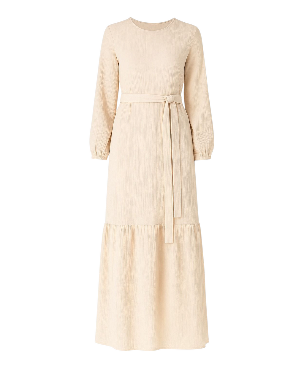 Maxikleid Damen Crinkle Kleid mit Gürtel, Ballonärmel, 140 cm, Gr. 36–46