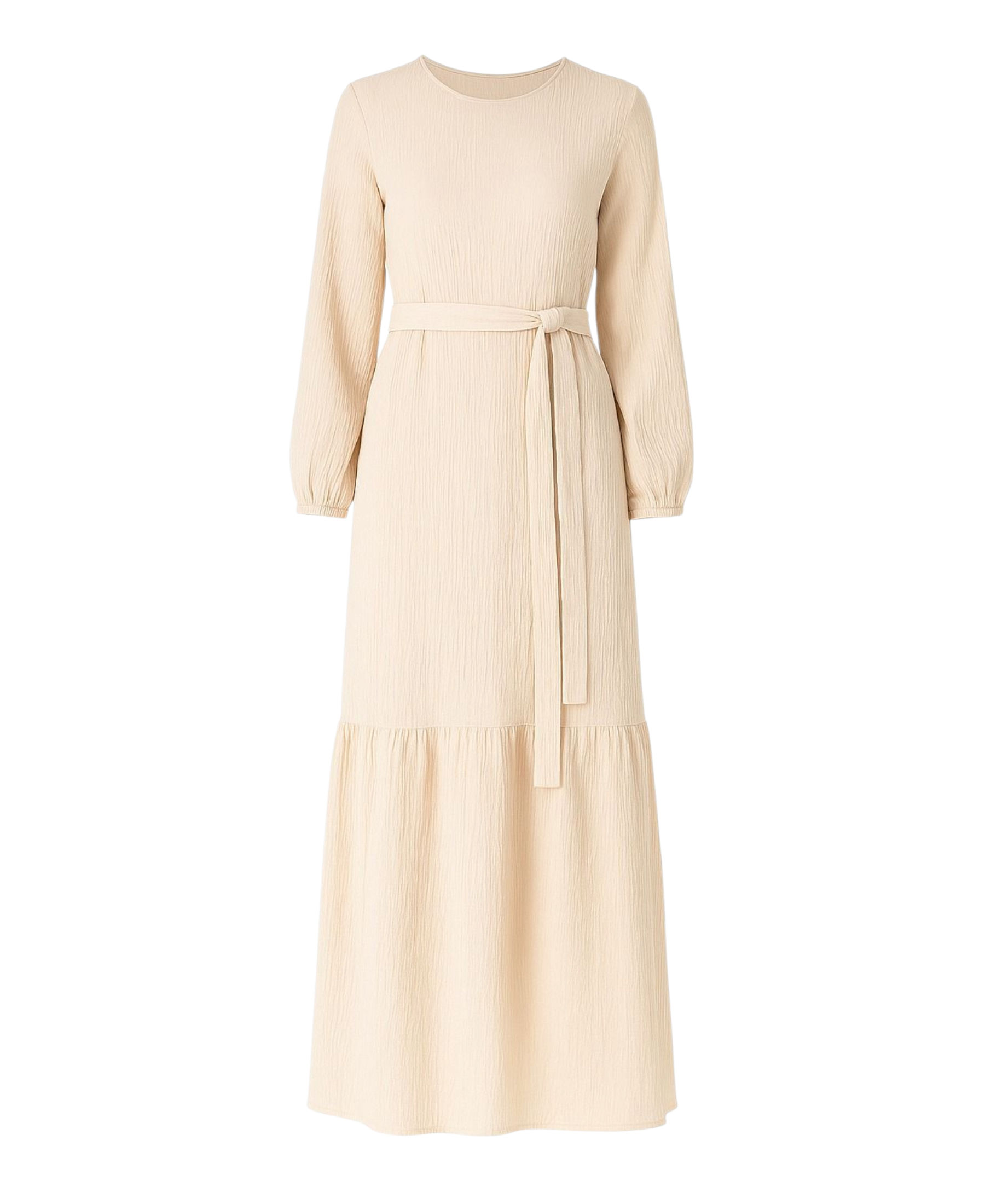 Maxikleid Damen Crinkle Kleid mit Gürtel, Ballonärmel, 140 cm, Gr. 36–46