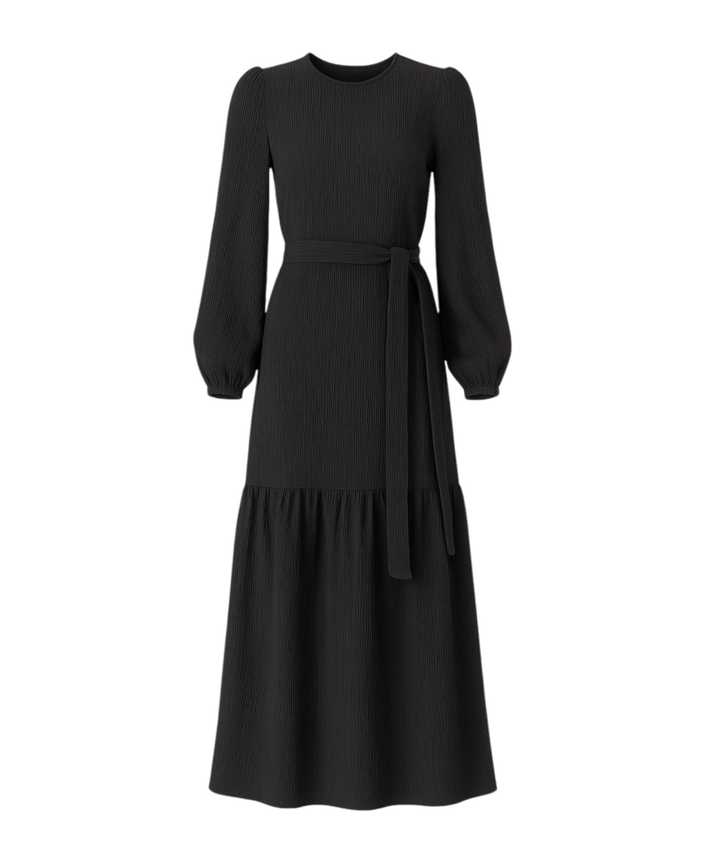 Maxikleid Damen Crinkle Kleid mit Gürtel, Ballonärmel, 140 cm, Gr. 36–46