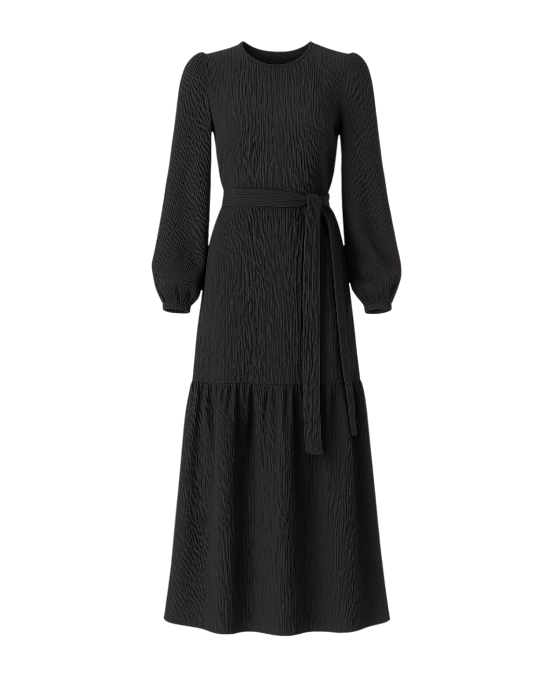 Maxikleid Damen Crinkle Kleid mit Gürtel, Ballonärmel, 140 cm, Gr. 36–46