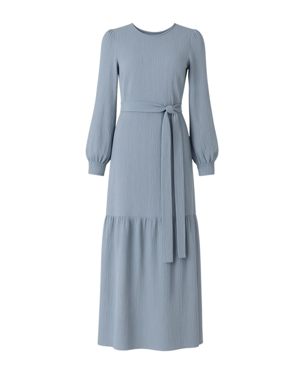 Maxikleid Damen Crinkle Kleid mit Gürtel, Ballonärmel, 140 cm, Gr. 36–46