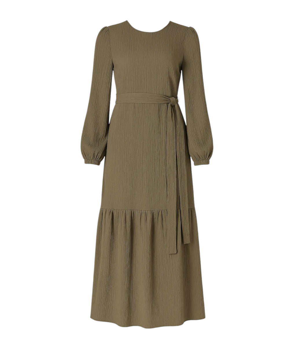 Maxikleid Damen Crinkle Kleid mit Gürtel, Ballonärmel, 140 cm, Gr. 36–46