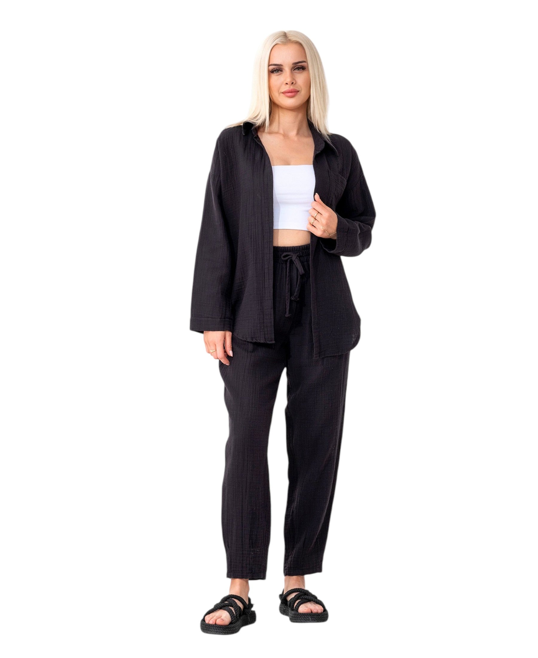 Hemdbluse Damen aus Musselin - Oversize Bluse Langarm mit Kragen