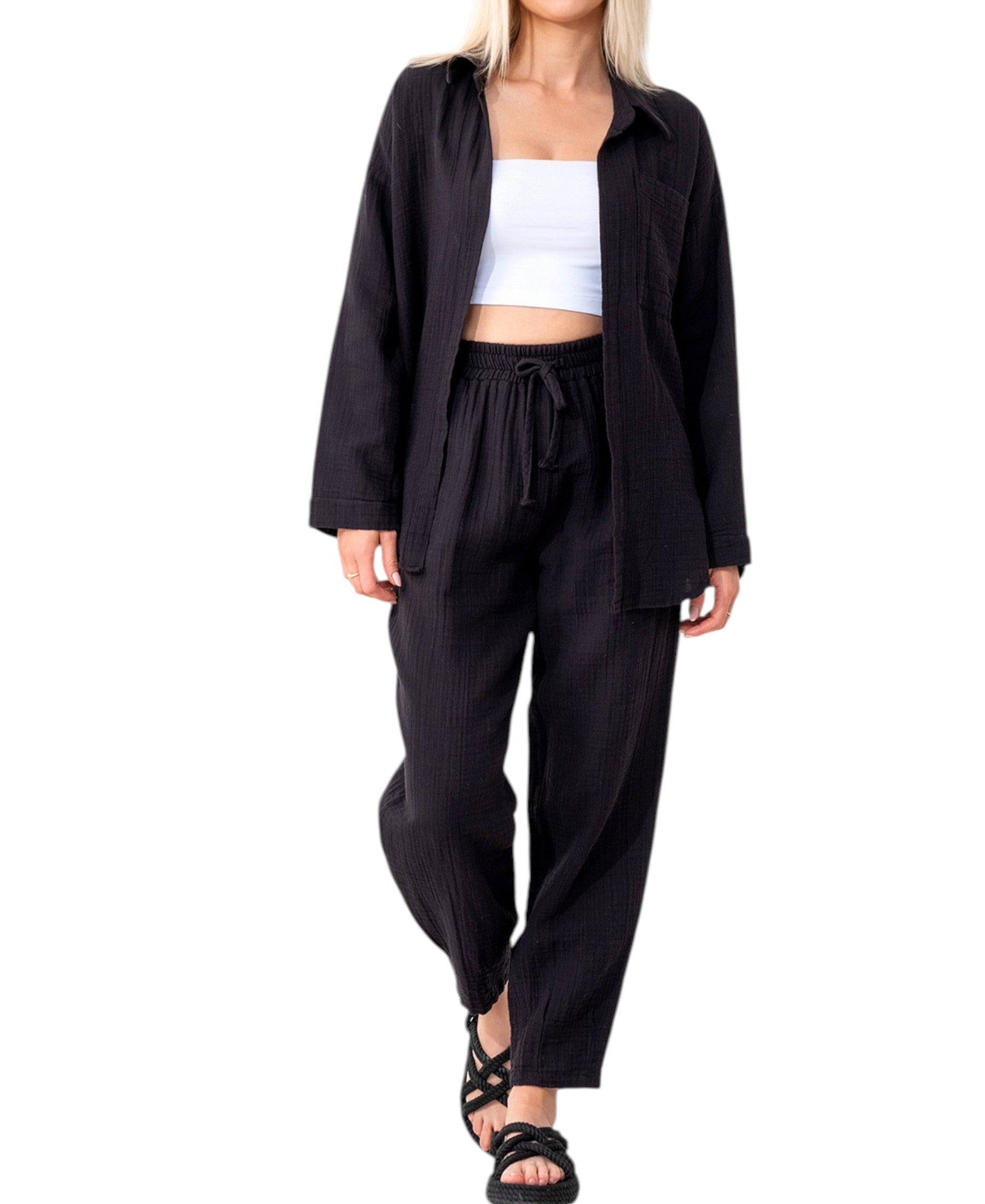 Hemdbluse Damen aus Musselin - Oversize Bluse Langarm mit Kragen