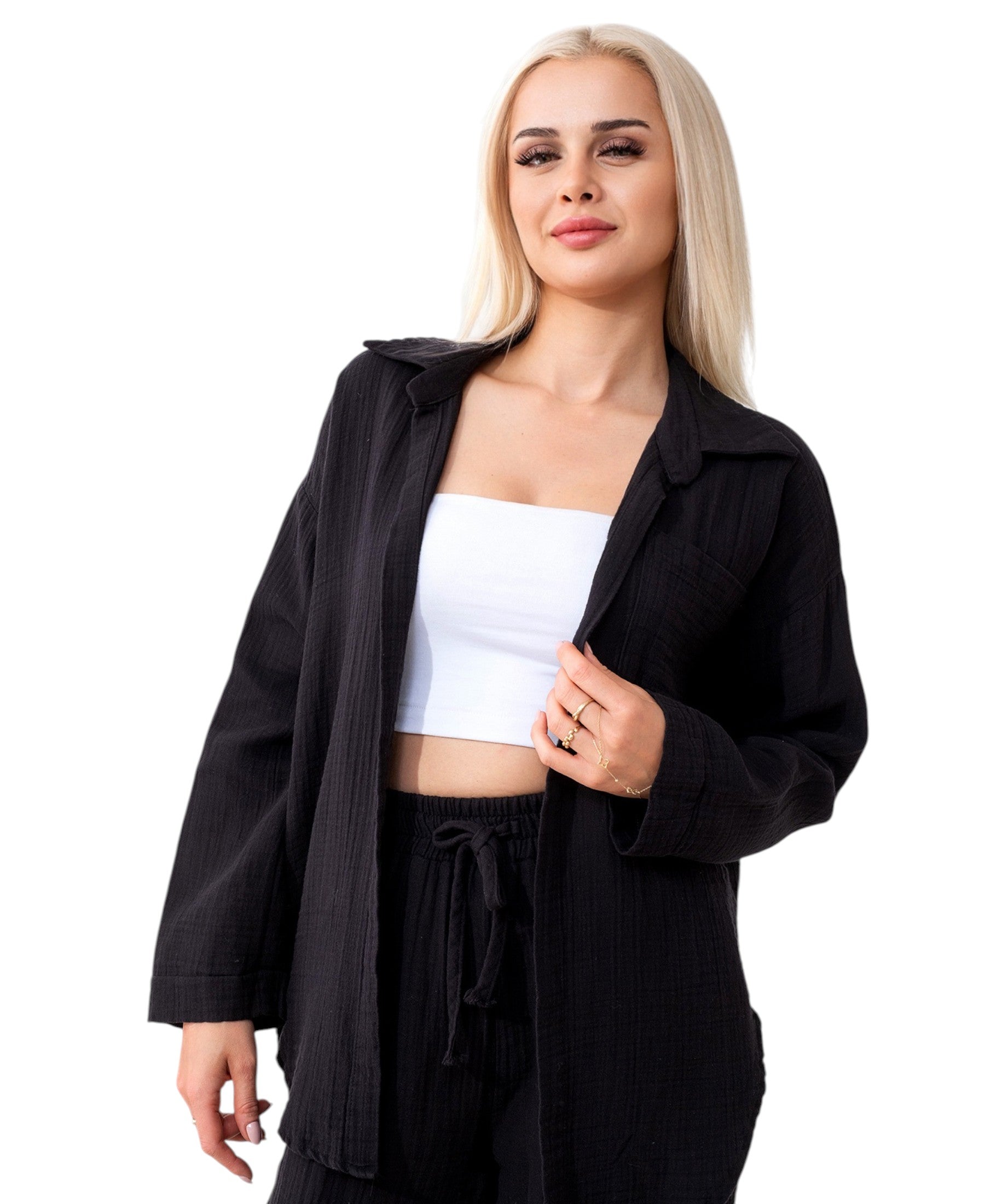 Hemdbluse Damen aus Musselin - Oversize Bluse Langarm mit Kragen
