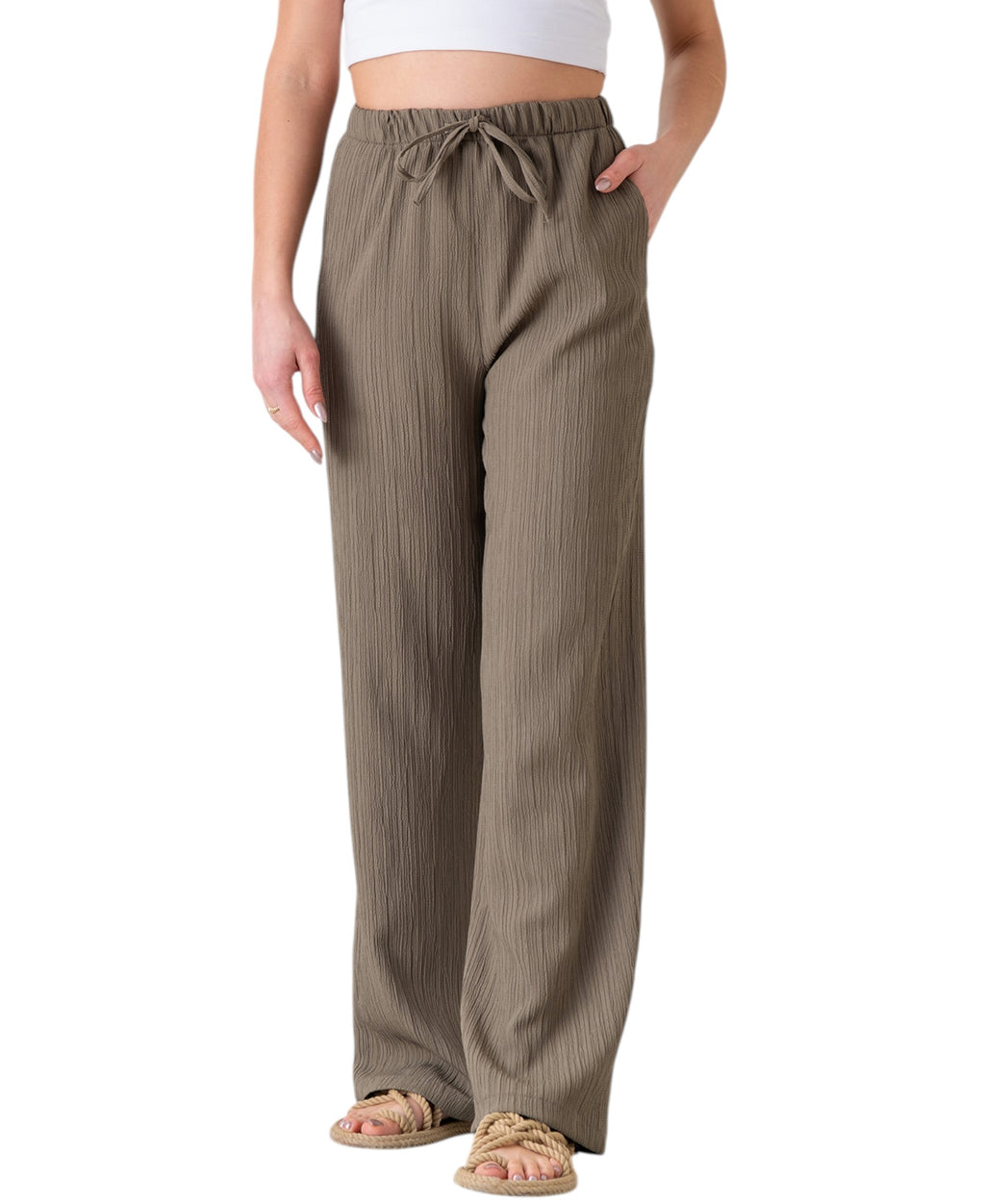 Palazzohose Damen Sommerhose Crinkle Marlene-Hose mit weitem Bein