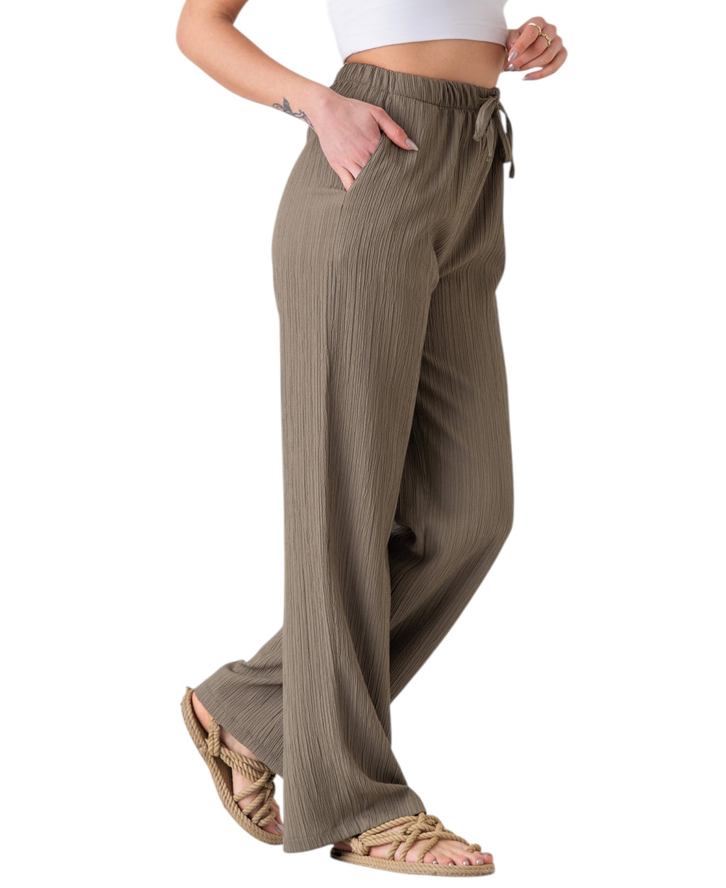 Palazzohose Damen Sommerhose Crinkle Marlene-Hose mit weitem Bein