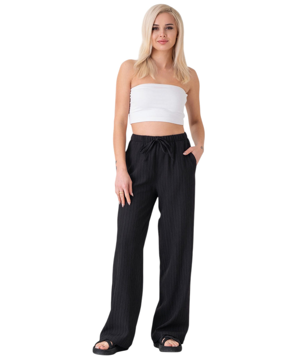 Palazzohose Damen Sommerhose Crinkle Marlene-Hose mit weitem Bein