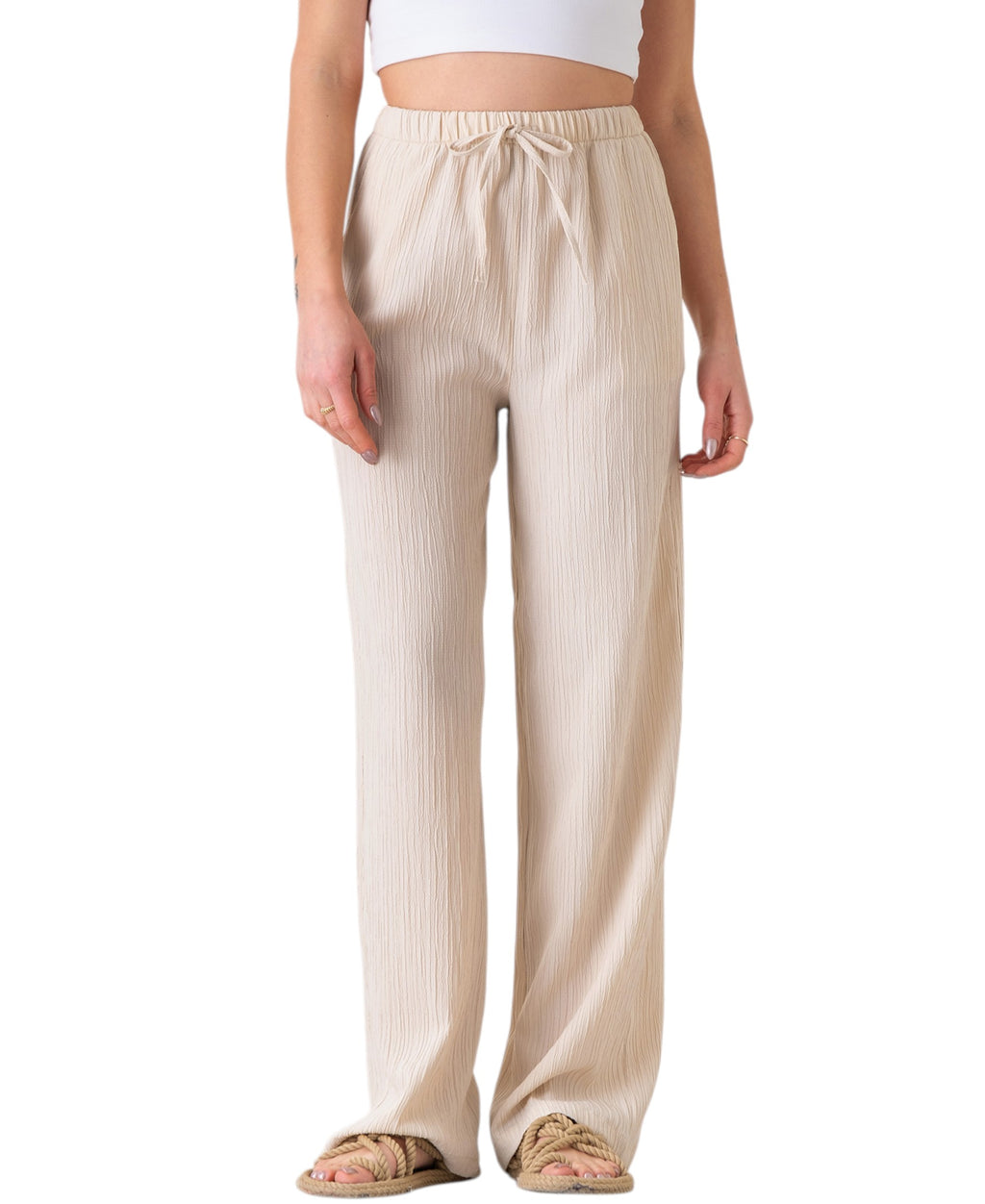 Palazzohose Damen Sommerhose Crinkle Marlene-Hose mit weitem Bein