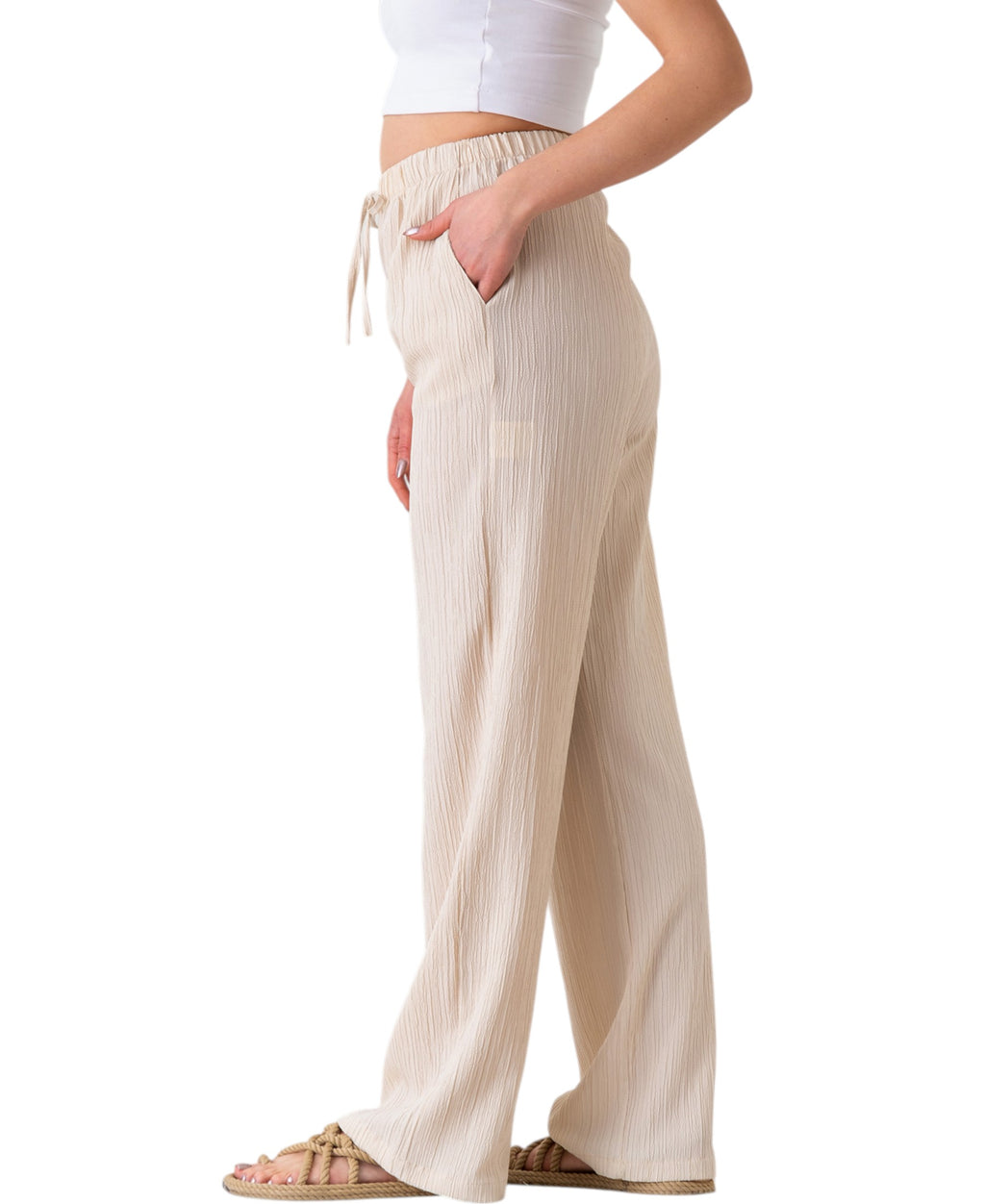 Palazzohose Damen Sommerhose Crinkle Marlene-Hose mit weitem Bein