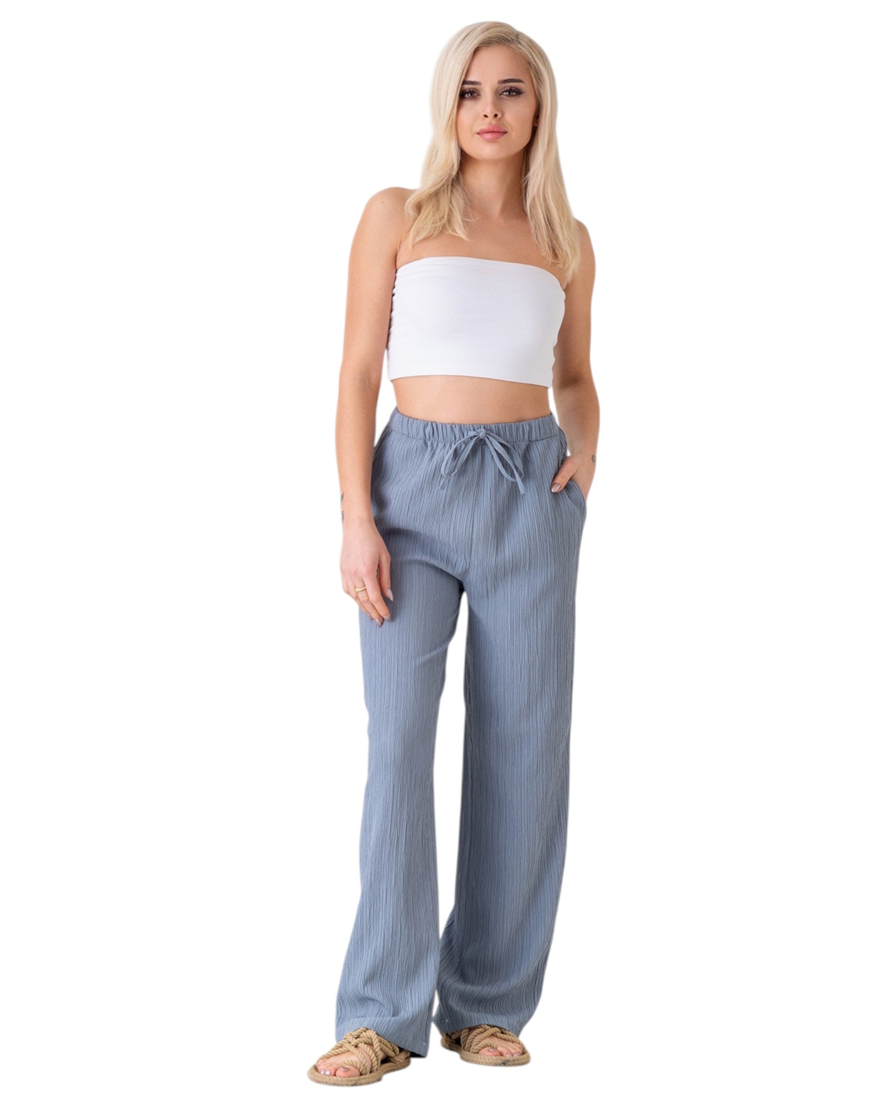 Palazzohose Damen Sommerhose Crinkle Marlene-Hose mit weitem Bein