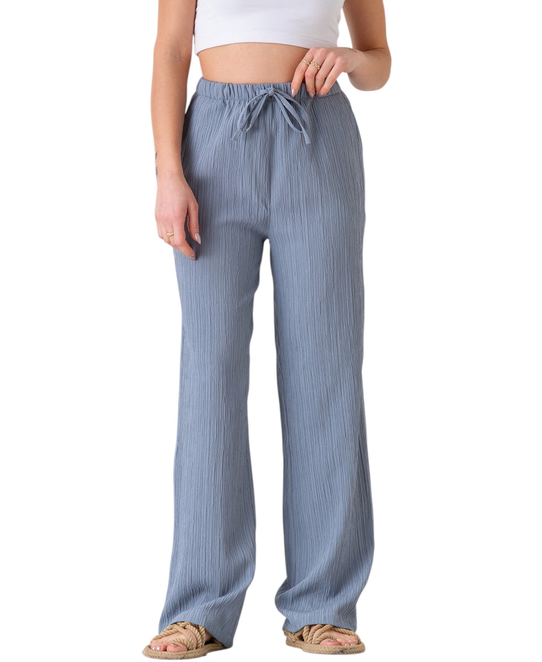 Palazzohose Damen Sommerhose Crinkle Marlene-Hose mit weitem Bein