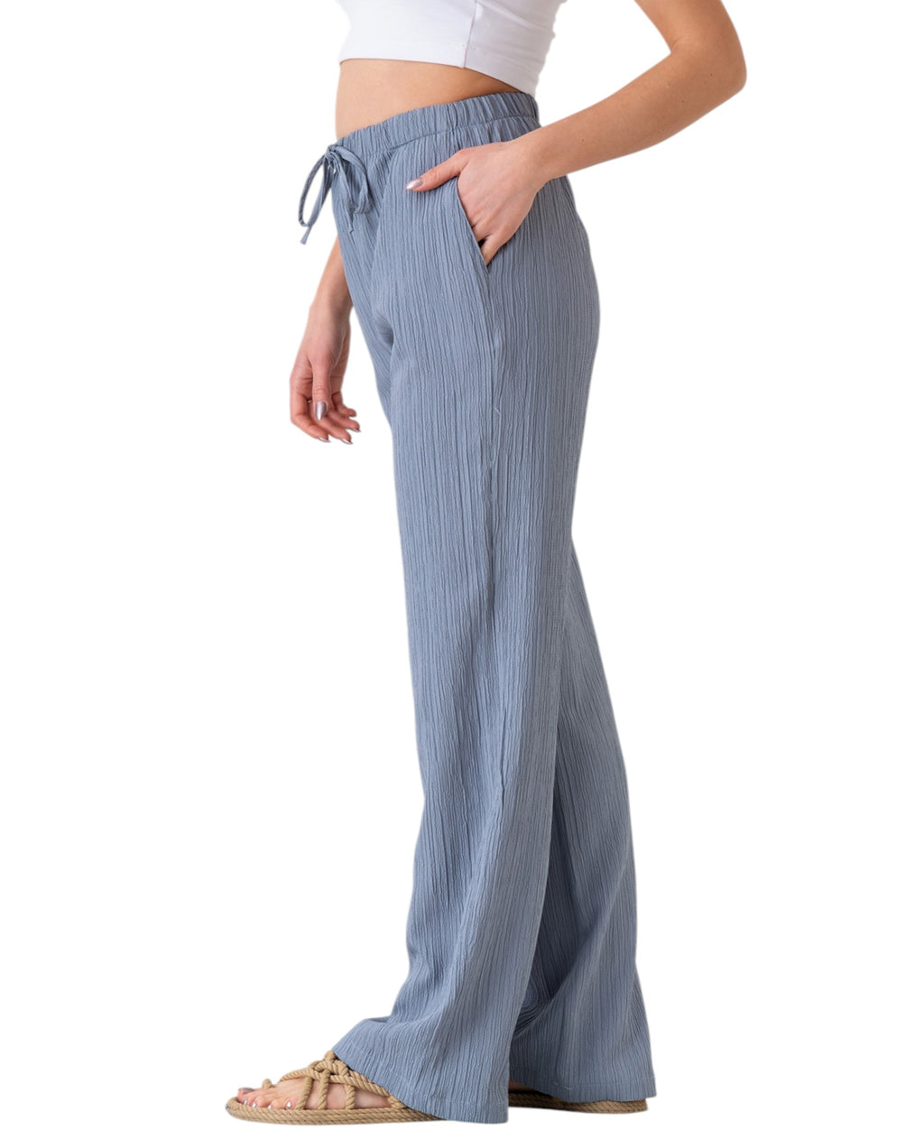 Palazzohose Damen Sommerhose Crinkle Marlene-Hose mit weitem Bein