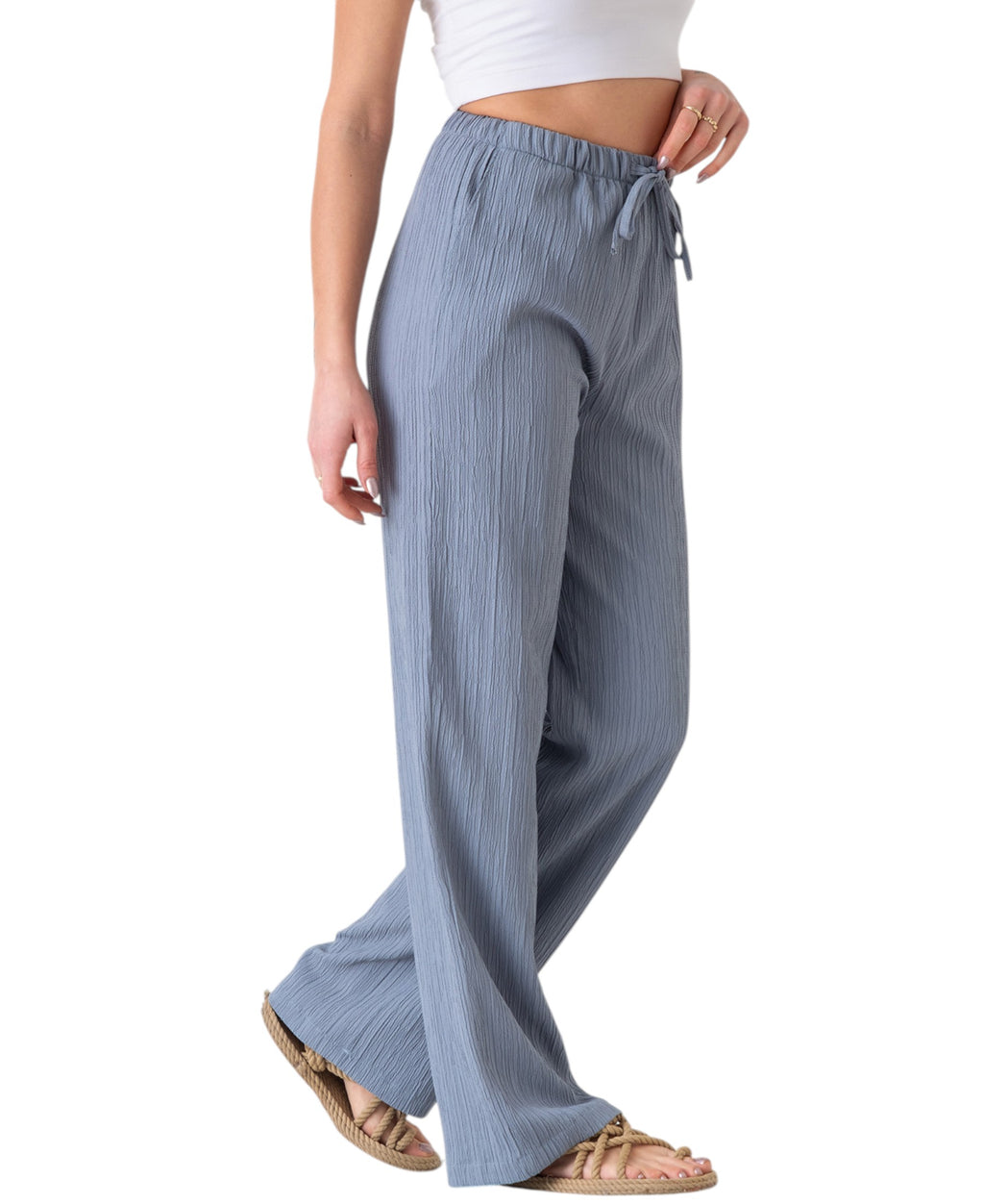 Palazzohose Damen Sommerhose Crinkle Marlene-Hose mit weitem Bein