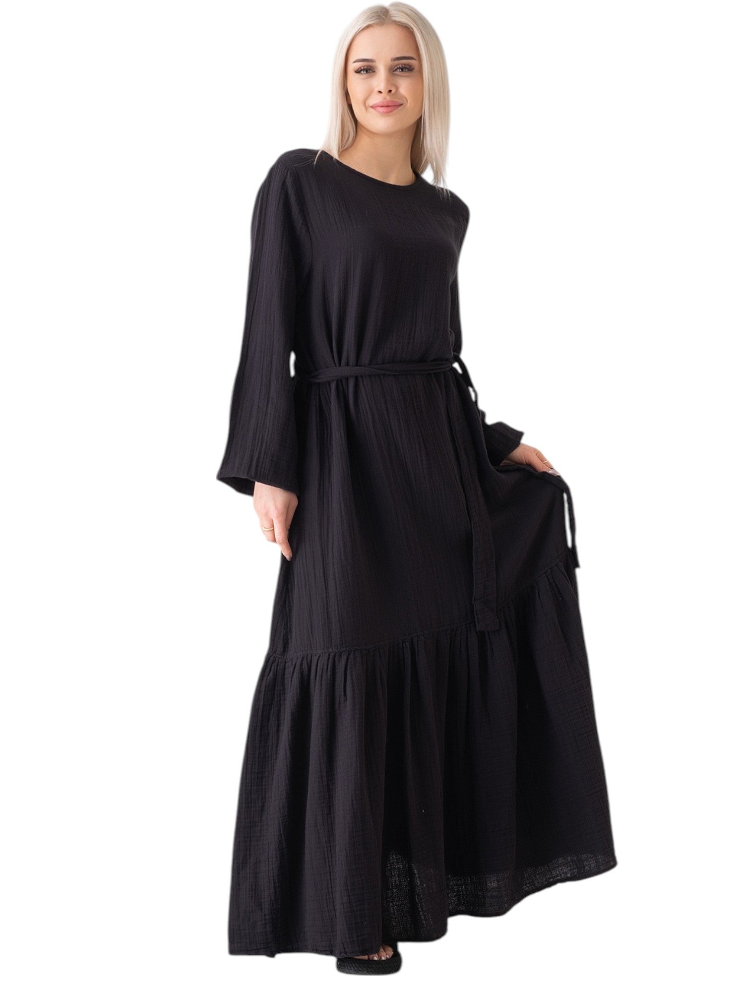Sommerkleid Musselin-Kleid, 100 % Baumwolle, Volantsaum, Gürtel, Gr. 36–50