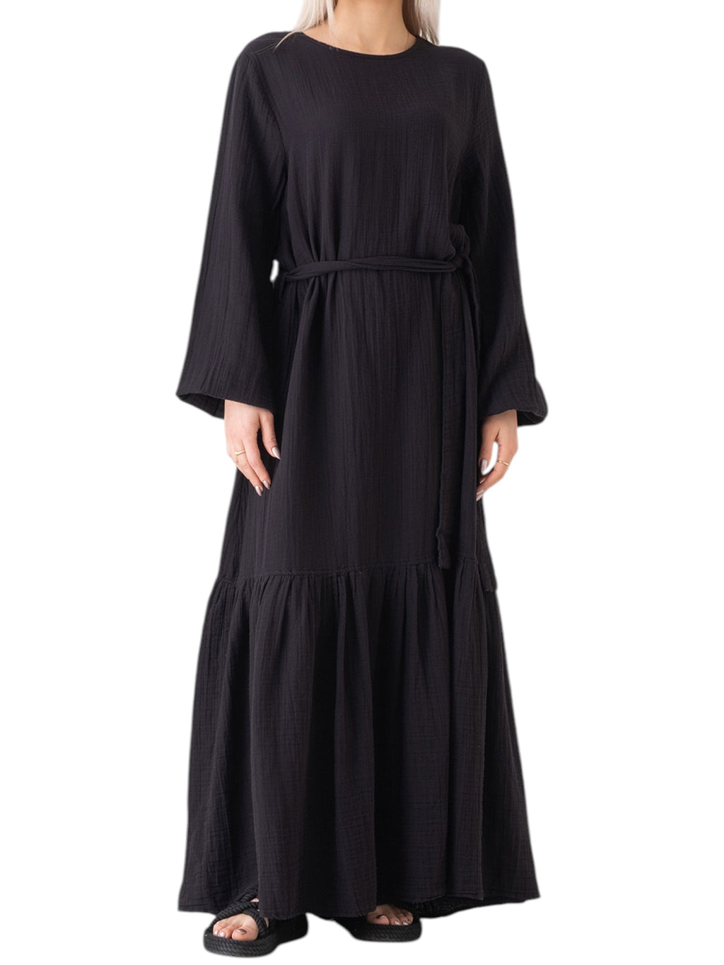 Sommerkleid Musselin-Kleid, 100 % Baumwolle, Volantsaum, Gürtel, Gr. 36–50