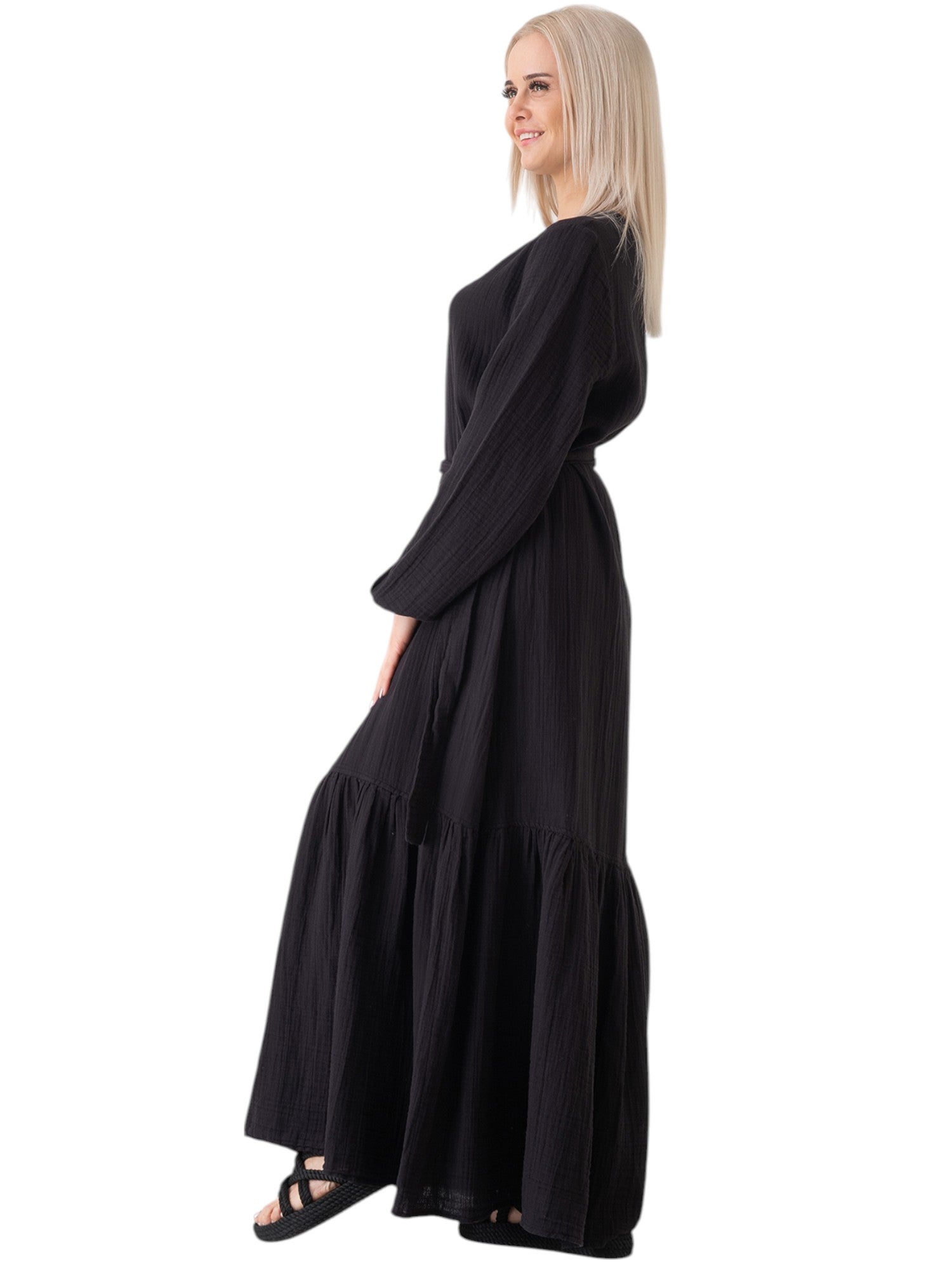 Sommerkleid Musselin-Kleid, 100 % Baumwolle, Volantsaum, Gürtel, Gr. 36–50