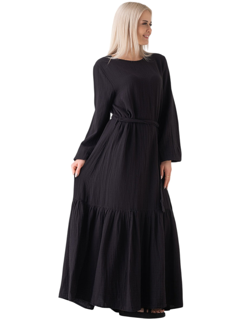 Sommerkleid Musselin-Kleid, 100 % Baumwolle, Volantsaum, Gürtel, Gr. 36–50
