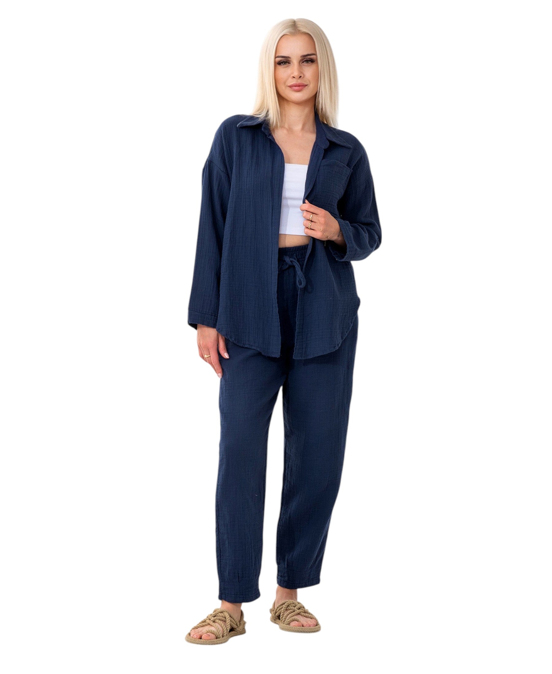 Hemdbluse Damen aus Musselin - Oversize Bluse Langarm mit Kragen