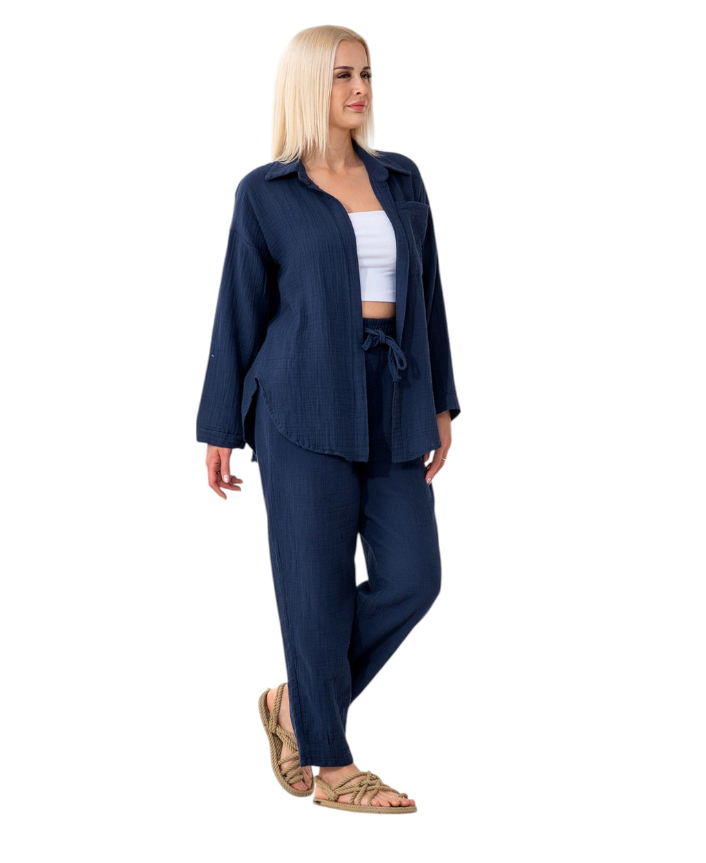 Hemdbluse Damen aus Musselin - Oversize Bluse Langarm mit Kragen