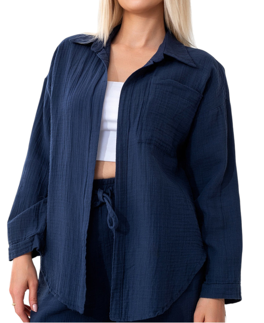 Hemdbluse Damen aus Musselin - Oversize Bluse Langarm mit Kragen