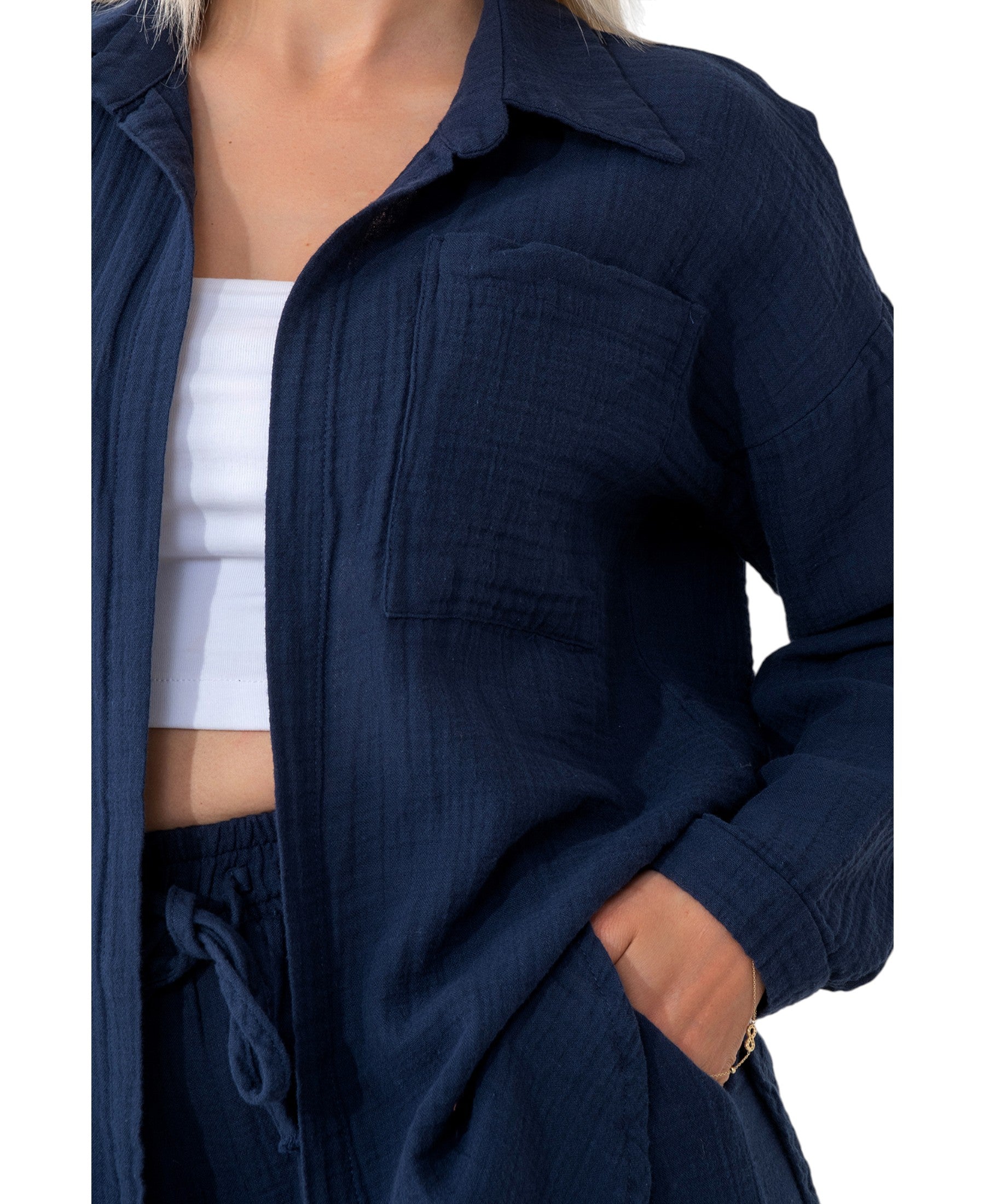 Hemdbluse Damen aus Musselin - Oversize Bluse Langarm mit Kragen