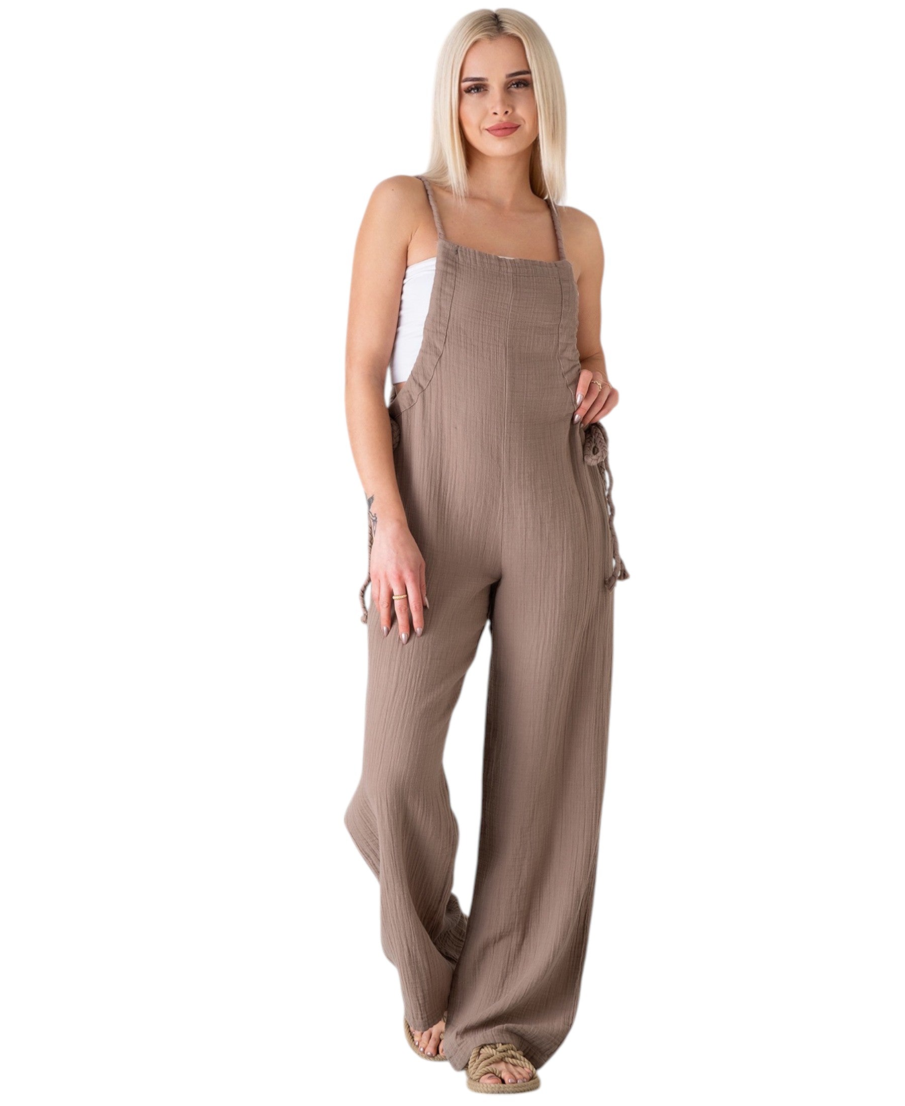 Overall Damen Jumpsuit Musselin mit Flechtträgern – locker & größenverstellbar