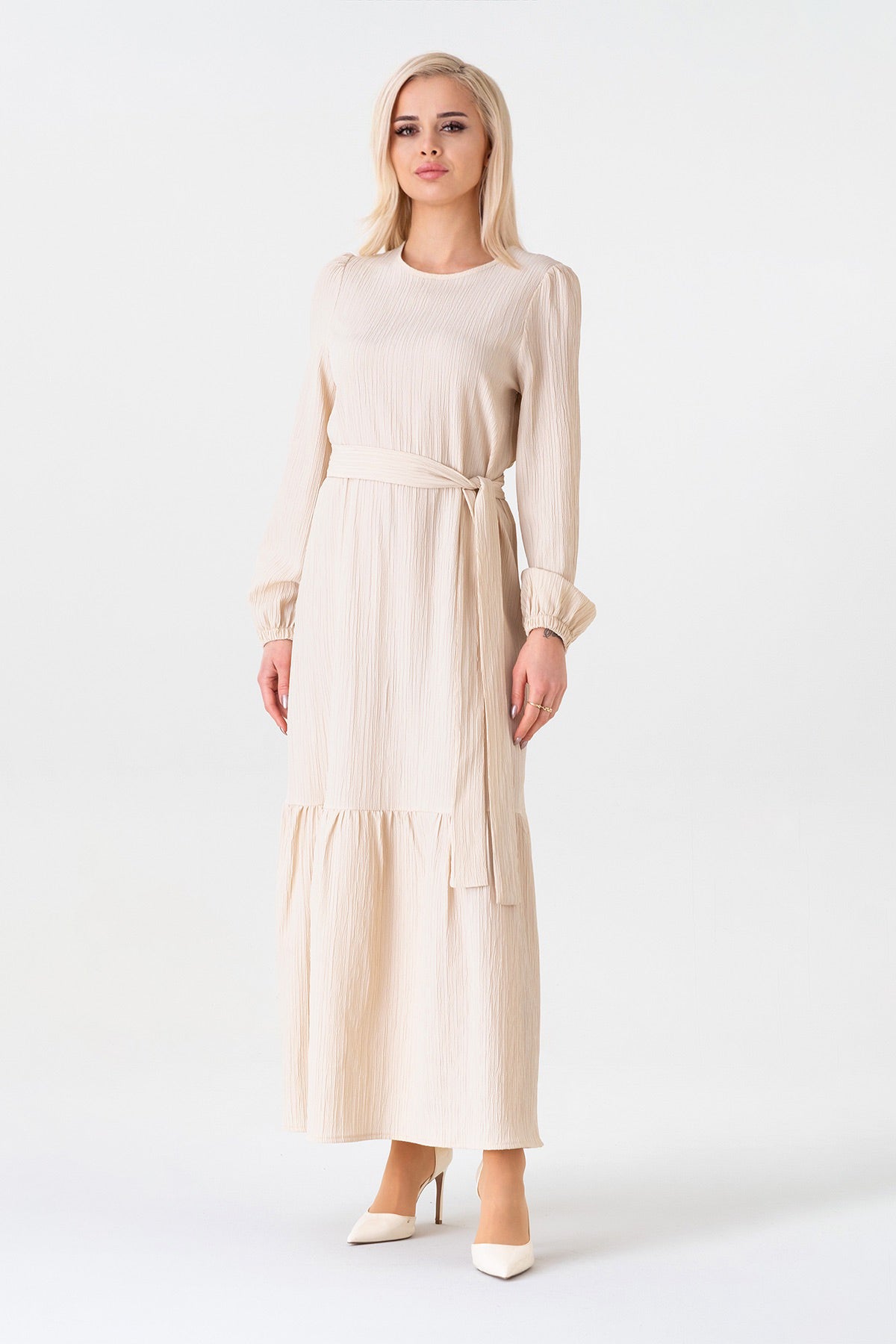 Maxikleid Damen Crinkle Kleid mit Gürtel, Ballonärmel, 140 cm, Gr. 36–46