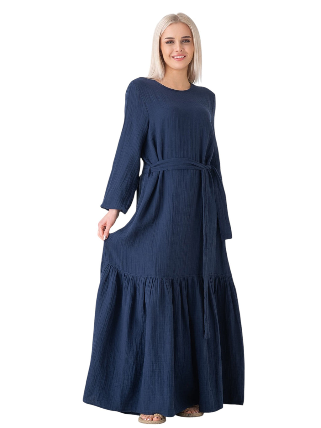 Sommerkleid Musselin-Kleid, 100 % Baumwolle, Volantsaum, Gürtel, Gr. 36–50