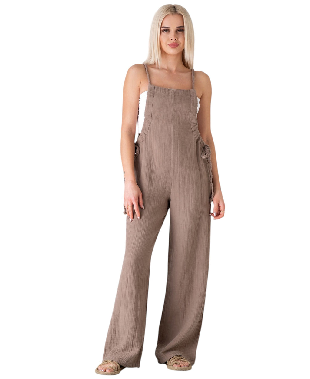 Overall Damen Jumpsuit Musselin mit Flechtträgern – locker & größenverstellbar