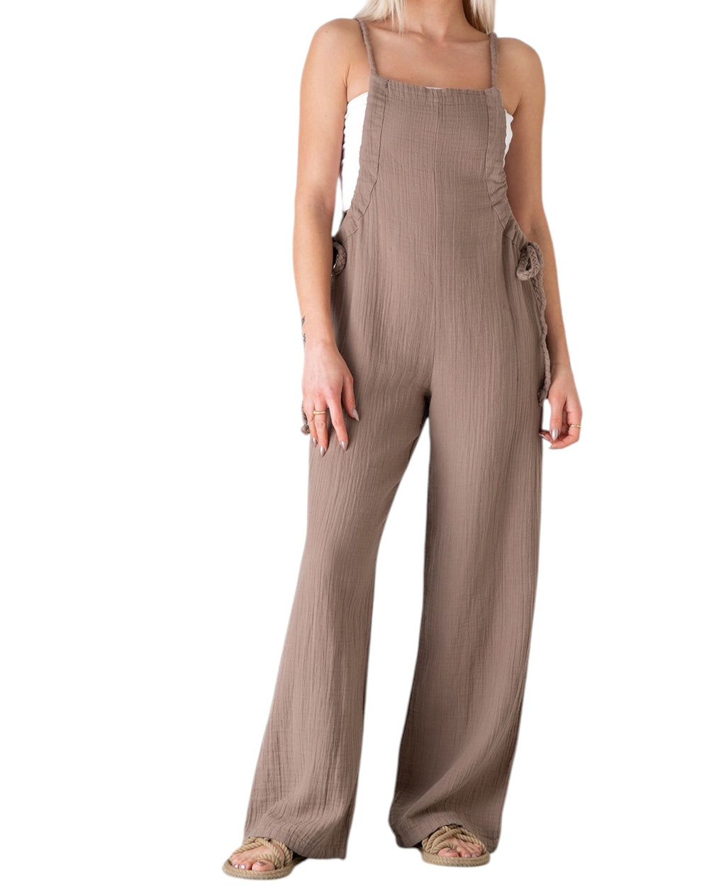 Overall Damen Jumpsuit Musselin mit Flechtträgern – locker & größenverstellbar